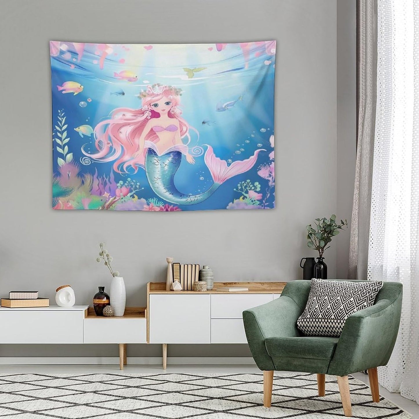 HZOHNAGO Mermaid Girls Tapestry Watercolor Mermaid Princess Pattern Printed Wall Tapestry Wall Hanging for Bedroom Living Room Dorm 40" W x 30" H