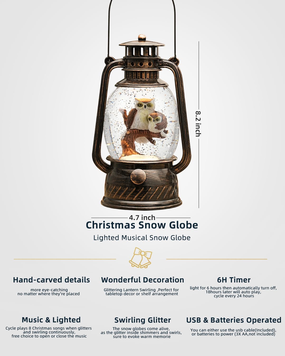 Snow Globe Christmas Decorations - Musical Christmas Snow Globes with 6H Timer,Owls Family Scene Snow Globes Lantern USB or Battery Powered,Christmas Decorations Decor for Home