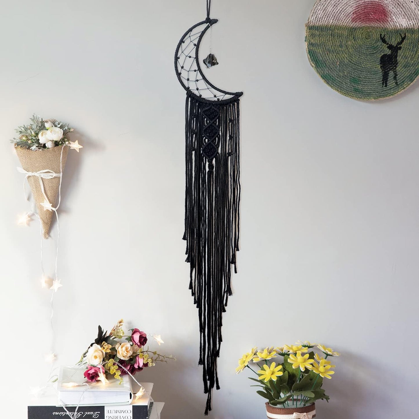 MOONFLY Black Moon Dream Catcher with Handmade Crystal Stone Design Woven Cotton Dream Catchers Boho Macrame Wall Hanging Home Decoration Ornament Craft Gift (Black Crystal Stone Moon)
