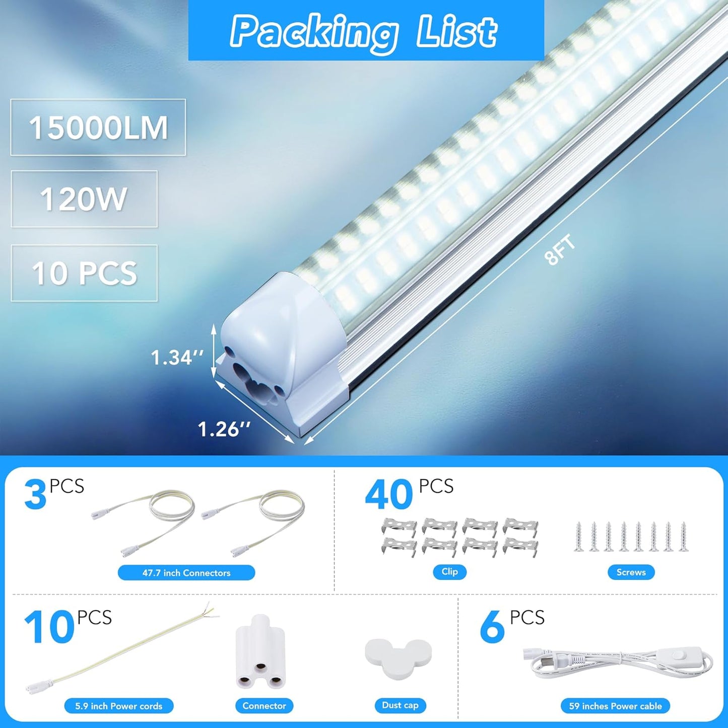 10 Pack 8FT T8 LED Shop Lights, 120W Integrated Tube Light, 19200LM 6000-6500K Daylight, Linkable Lighting, Plug & Play Energy-Saving Commercial Bay Lighting Garage Warehouse Basement (V4)