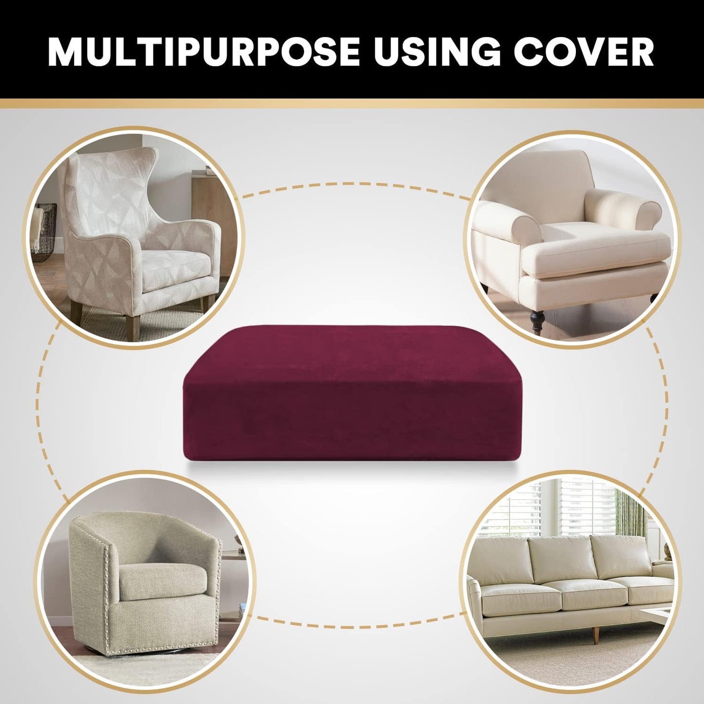 PrinceDeco Stretch Velvet Couch Cushion Cover,Soft Cushion Slipcover for Chair Cushion Furniture Protector Seat Cushion Sofa Cover Width Up to 29.5", Burgundy