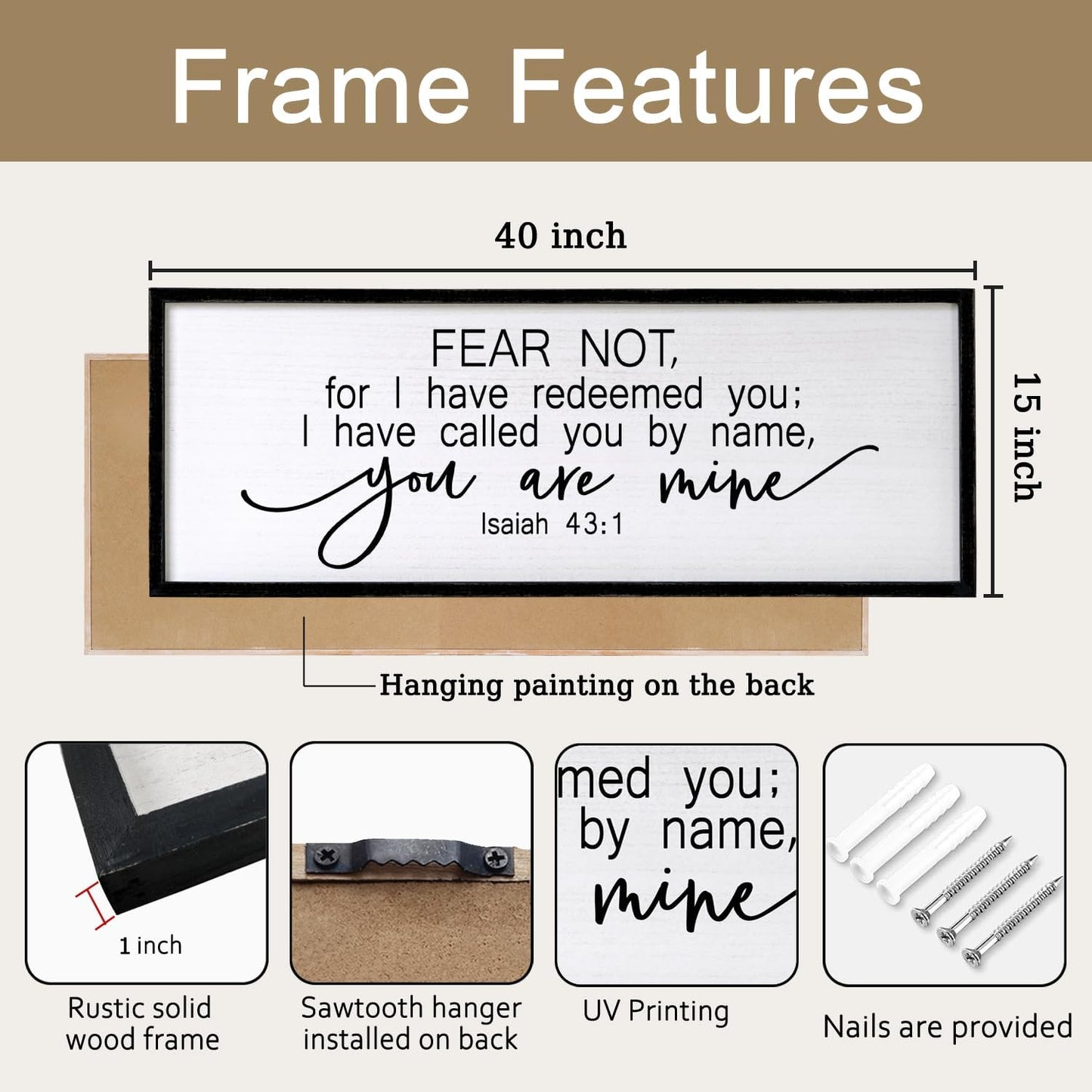 Fear Not for I Have Redeemed You Sign Framed Wall Art, 40''×15'' Rustic Religious Christian Isaiah 43:1 Bible Verse Sign, Horizontal Holy Inspirational Catholic Scripture Decor