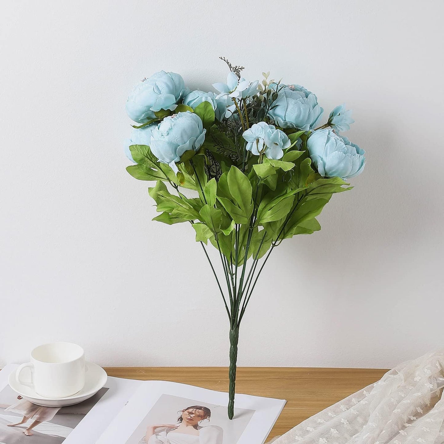 Duovlo Artificial Peony Silk Flowers Fake Flowers Vintage Wedding Home Decoration,Pack of 1 (Spring Blue)