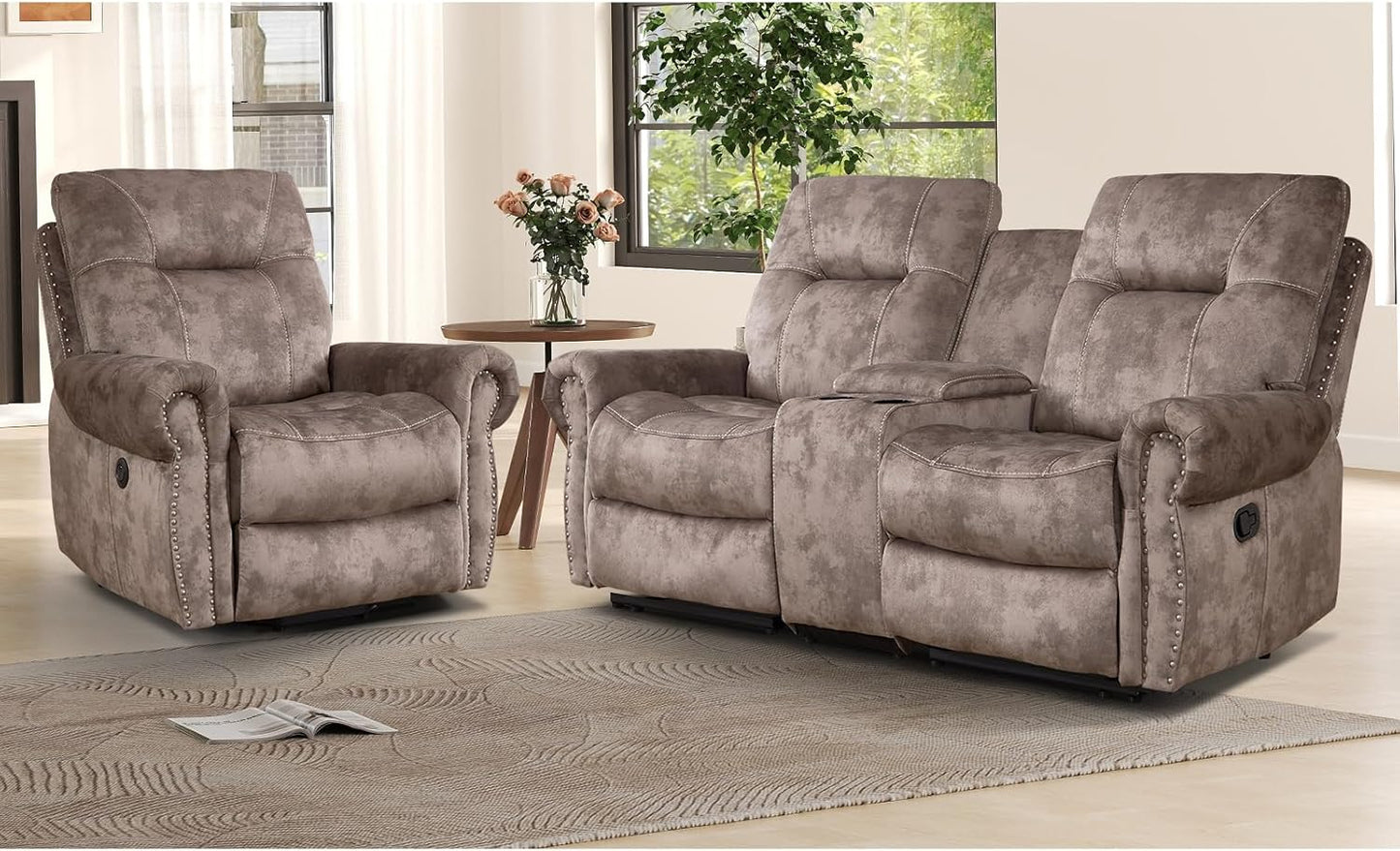 EBELLO 2 Pieces Reclining Couch Furniture Set for Living Room, 1 Seat Power Recliner Chair and a Manual Loveseat with Center Console, Hidden Storage and Cup Holders, Brown