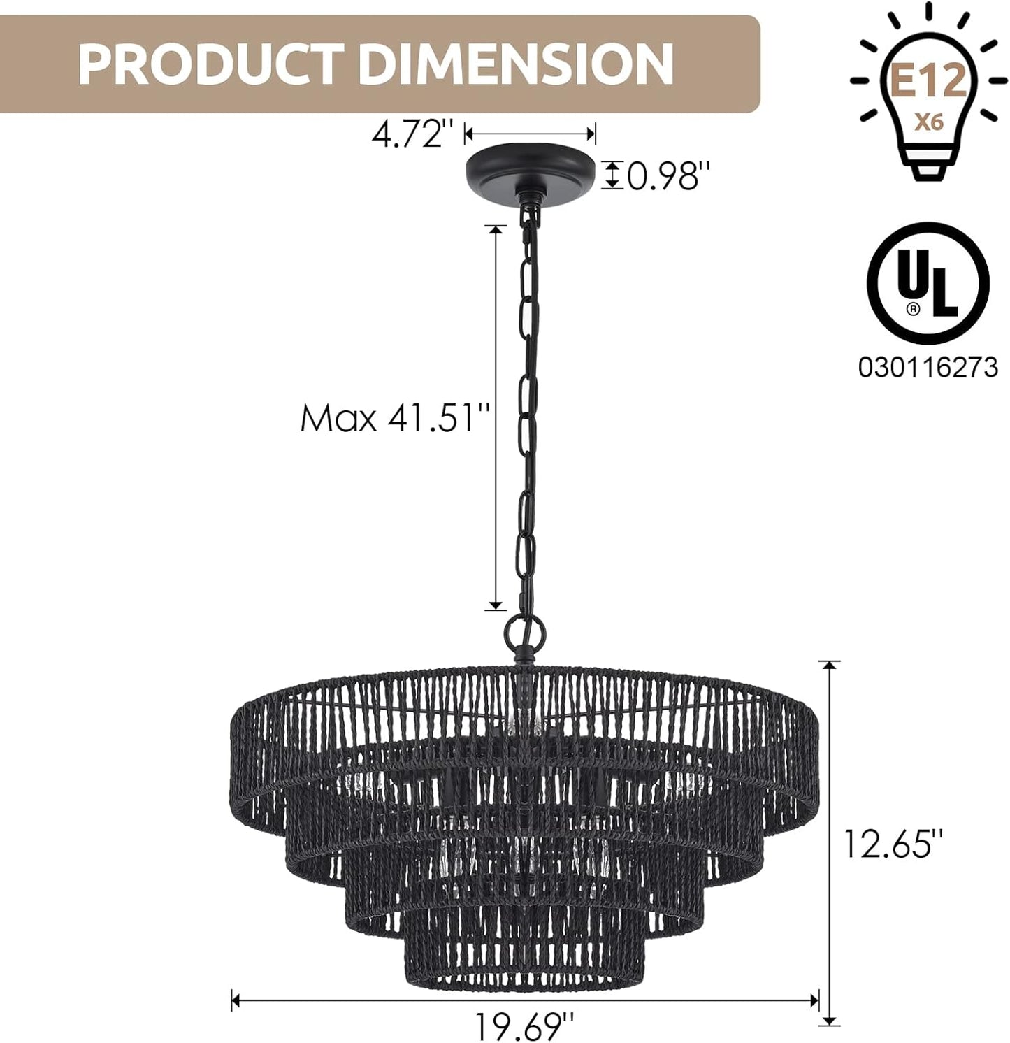 20” Hand-Woven Rattan Chandelier 6-Lights Transitional Minimalist 4 Round Boho Large Pendant Light for Kitchen Island Dining Room Living Room Hallway, Matte Black, UL Listed