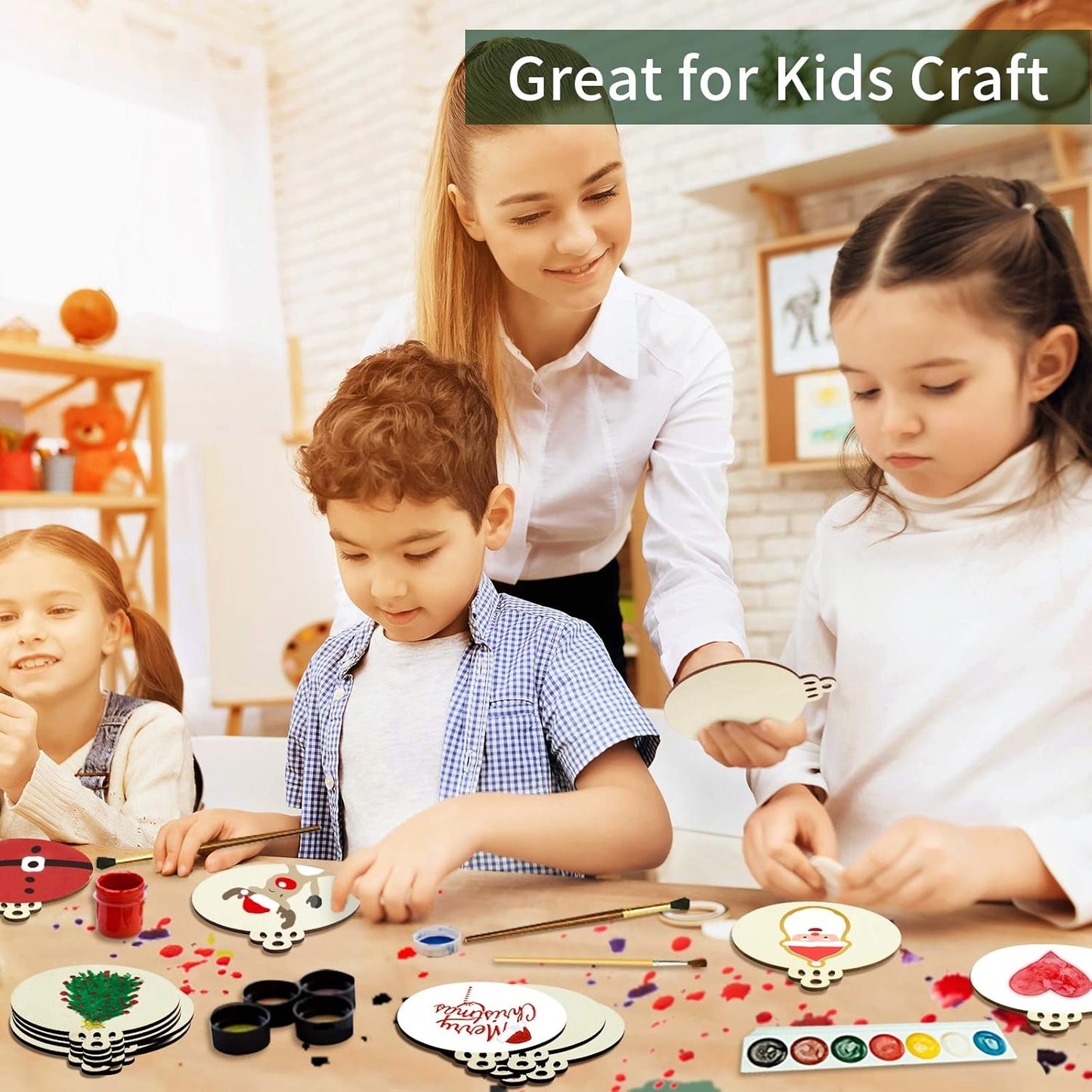 Fuyit 100Pcs 4 Inch Wooden Christmas Ornaments Unfinished Predrilled Wood Slices with Holes, Uniform Wood Round Circles Blank Discs for DIY Crafts Party Decorations