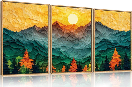 Abstract Mountain Framed Canvas Wall Art Set, Forest Pine Tree Golden Sunset Wall Decor, Mixed Patchwork Landscape Art Print for Living Room, Bedroom, Dining Room, Office - 16"x24"x3