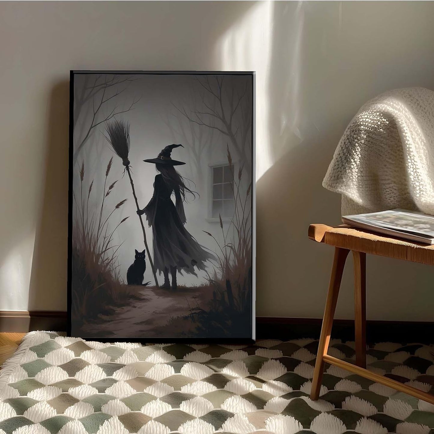 JFHCQJPK Vintage forest witch and black cat poster Halloween mural poster decoration mural art magic suitable for home living room bedroom20x30in Metal blackFramed