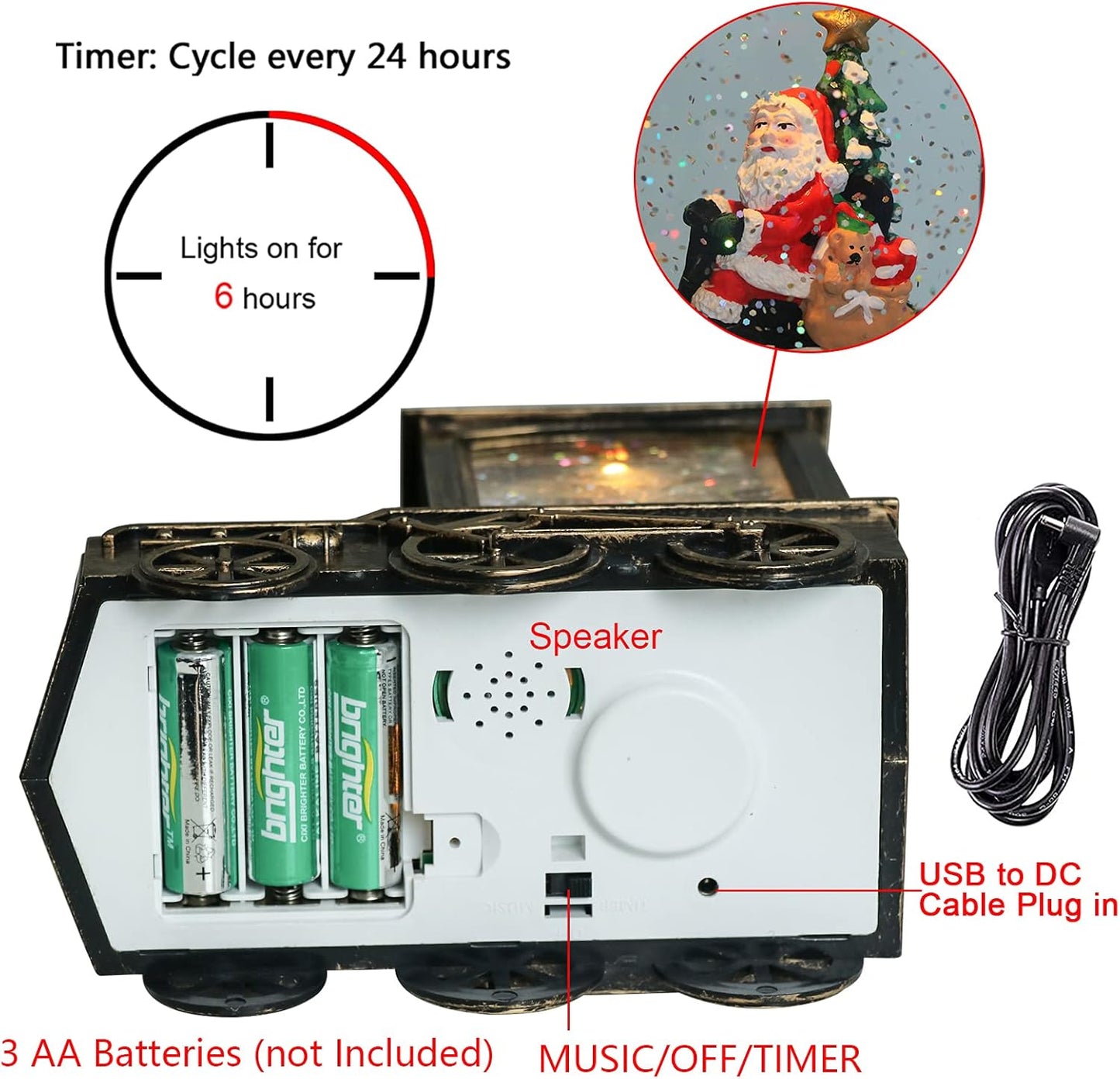 GenSwin Christmas Snow Globe Lantern Train Water Swirling Glitter with 6H Timer, Musical LED Lighted Battery Operated Santa Claus Scene for Christmas Home Decoration and Gift(Copper)