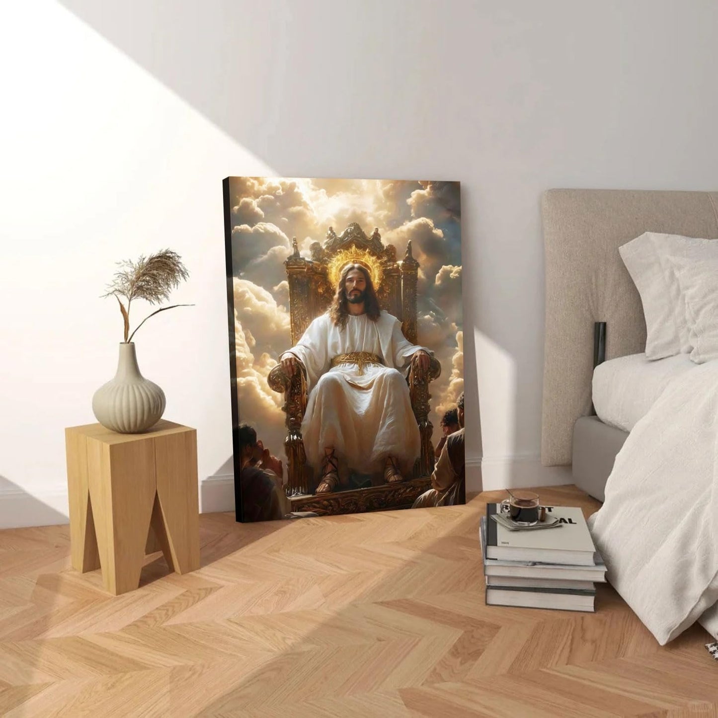 Framed Canvas Wall Art Painting Jesus Sitting on the Throne Religious Poster Faith Revelation Gallery Picture Print for Living Room Bedroom Church Decor 16x24 Inch Ready to Hang