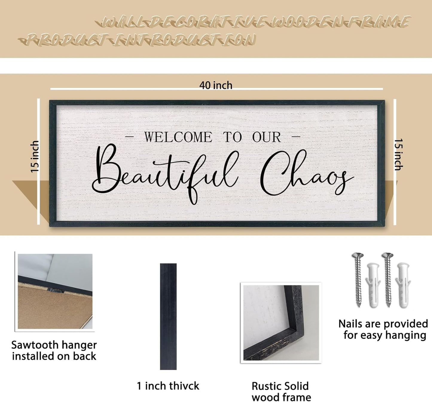 comurdyo Welcome To Our Beautiful Chaos Wall Decor Art 40"X15" for Home Entryway Sign Large Wood Framed Wall Hanging (Black)