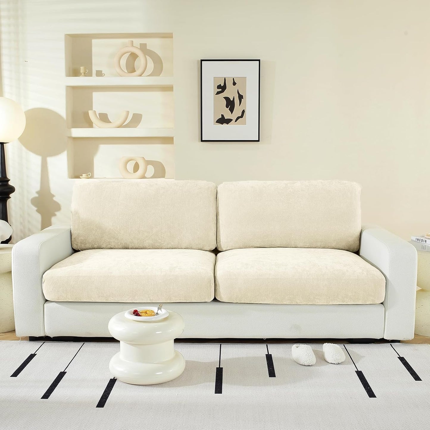 Individual Couch Cushion Covers, Stretch Sectional Couch Covers for L Shaped Sofa, Softer Chenille Sofa Covers for 2 Couch Cushions, Non-Slip Seat Slipcover Protector (2 Piece, Beige)