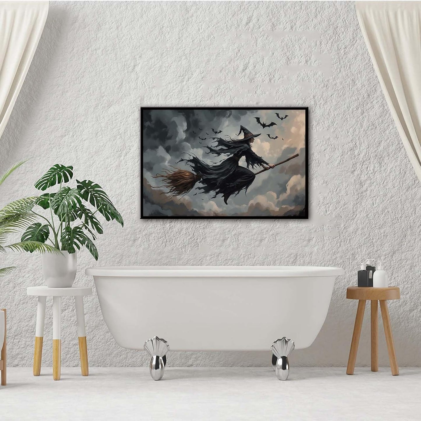 JFHCQJPK Witch and bat flying Halloween poster suitable for home party wall decoration retro Halloween preppy style wall art canvas print suitable for room decoration20x30in Metal blackFramed