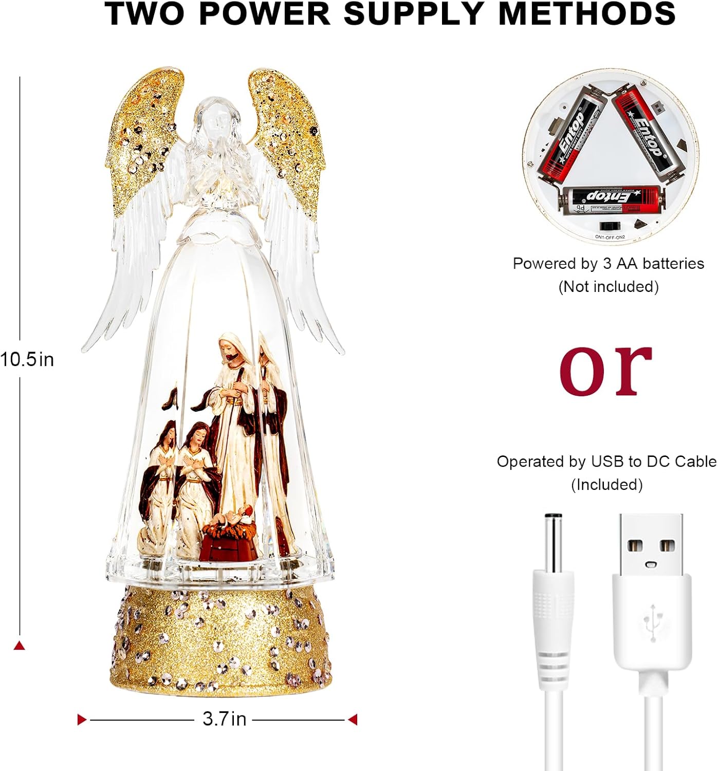 Christmas Snow Globe Lantern Water Glittering Angel & Nativity with Music & Timer, USB Lined/Battery Operated Lighted Lantern for Christmas Festival Decoration Gifts