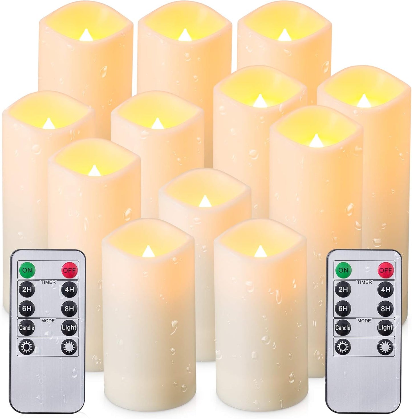 Waterproof Flickering Flameless Candles, Set of 12 Battery Operated Candles (D2.2'' x H4''5''6''7"), Outdoor Indoor Candles with 10-Key Timer Remote, Long Lasting