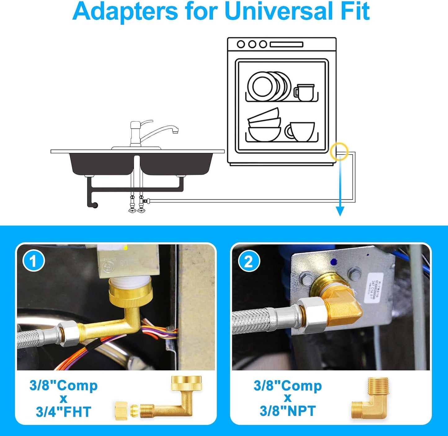 Dishwasher Installation Kit - 6 FT Premium Stainless Steel Braided Dishwasher Hose kit,Food Grade PEX Inner Tube Dishwasher Water Supply Line with 3/8"x3/8"MIP Elbow,3/8"x 3/4" FHT Elbow