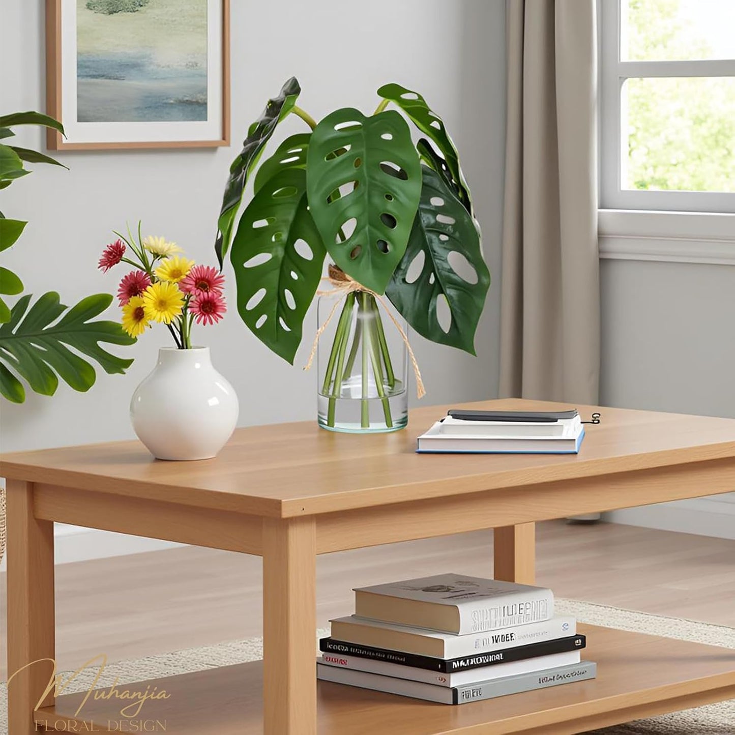 Artificial Flowers Turtle-Back, Alocasia Leaf, in Glass Vase with Faux Water,7Pcs Artificial Leaves Real Touch Latex Leaves for Centerpiece (2, Turtle-Back&Alocasia Leaves)