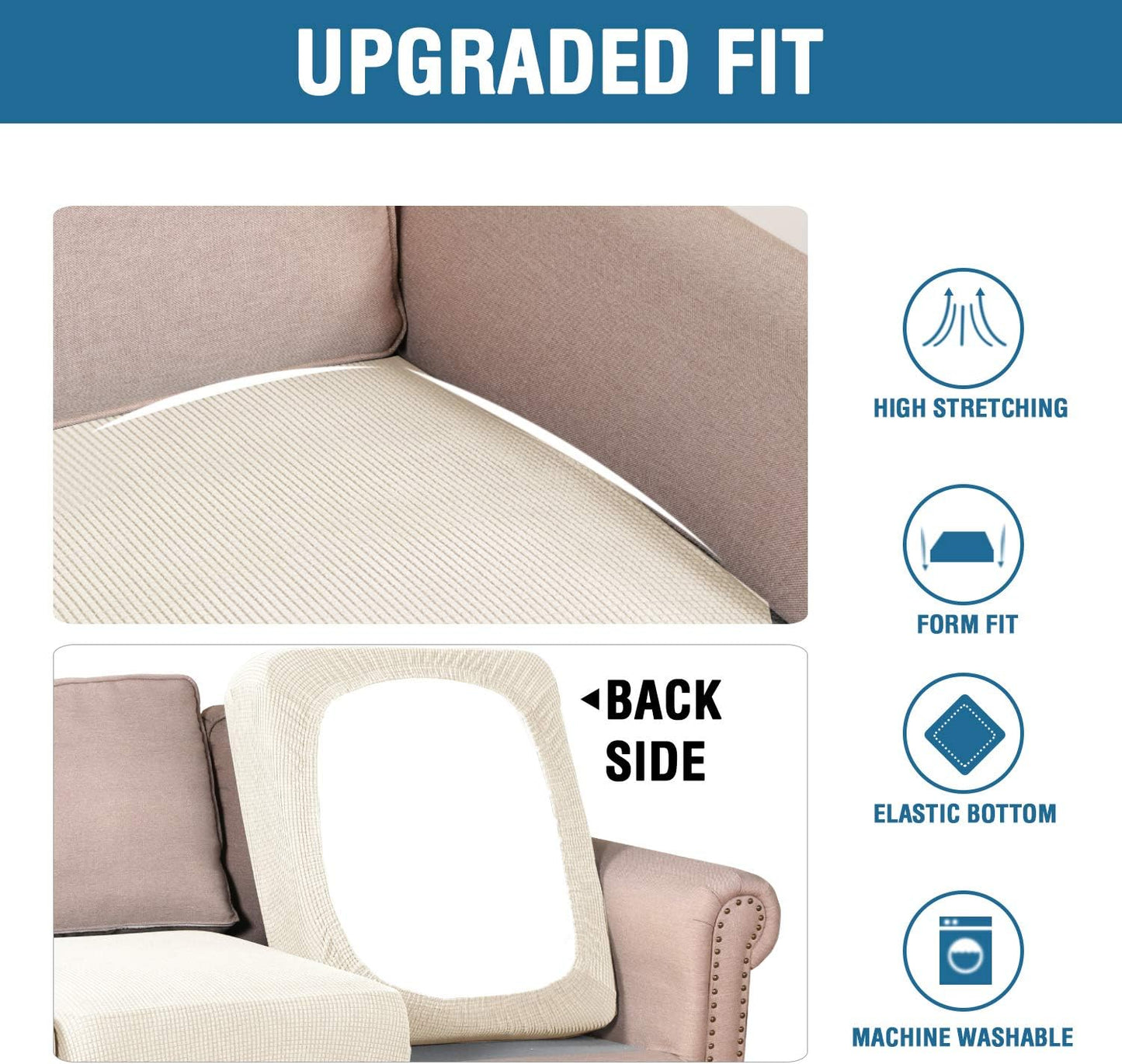 H.VERSAILTEX Super Stretch Individual Seat Sofa Covers Couch Slipcover Sets Thick Jacquard Textured Twill Fabric (3 Piece XL Sofa Cushion Covers, Natural)