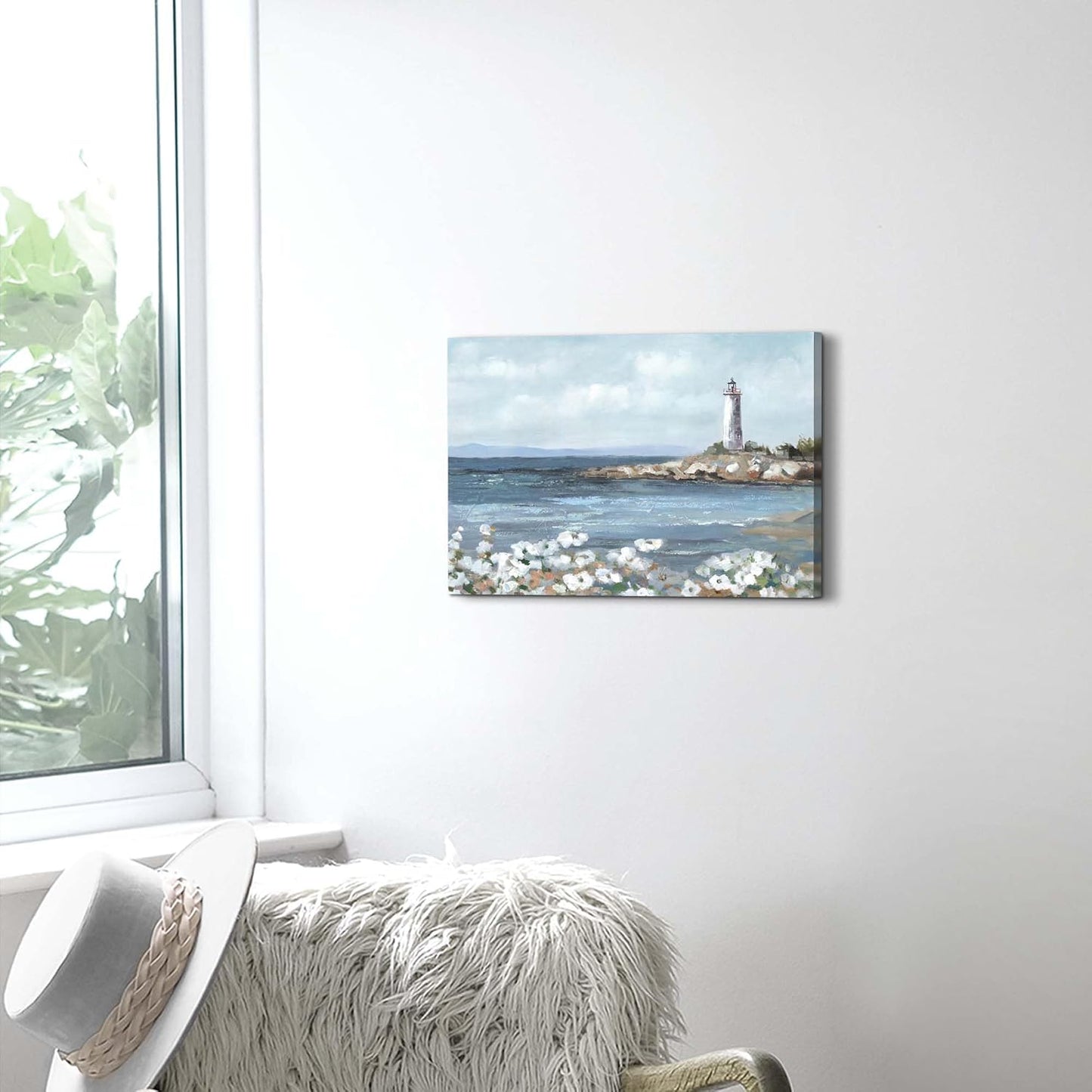 cozy country Lighthouse Wall Art 16"x11" - Coastal Pictures Beach Canvas Ocean Decor - Nautical Artwork Seascape Painting for Bathroom, Bedroom, Sea House