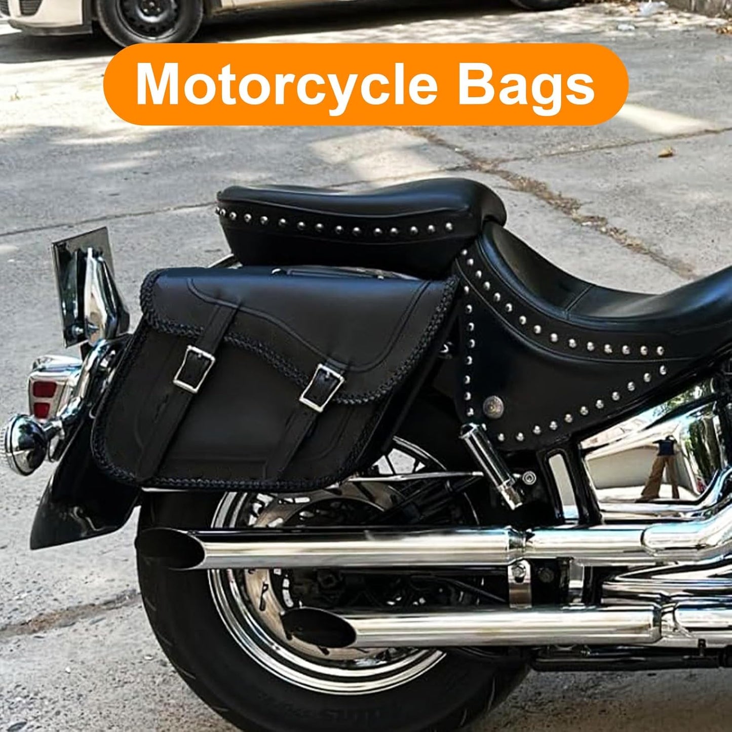 GARGOYLE BELLS Motorcycle Saddle Bags Synthetic Leather Motorcycle Luggage Bag Waterproof Throw Over Saddlebags For Softails Sportsters Choppers Dyna V-star Shadow (No Stud, Black, 16"x13"x11.5")
