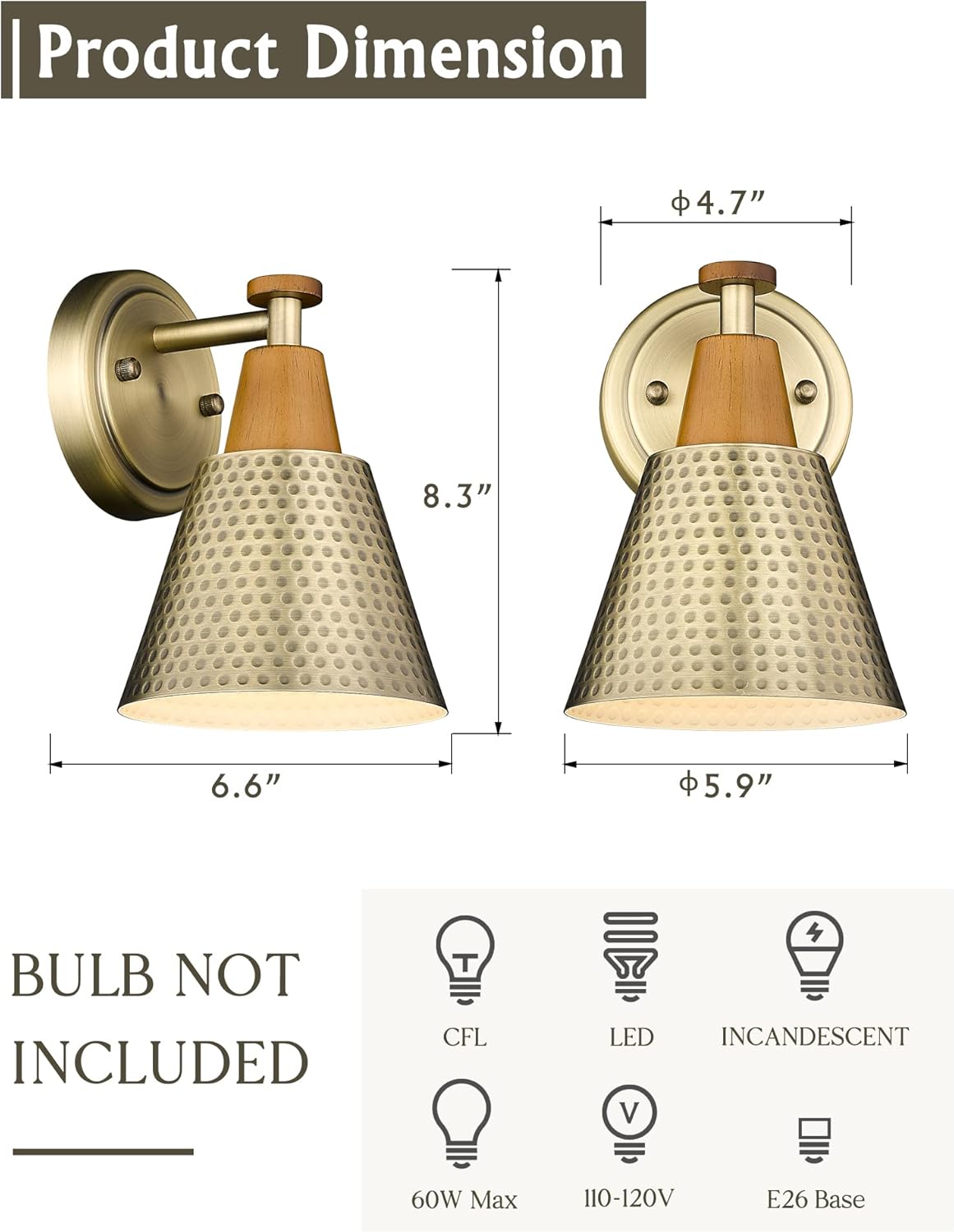 FEMILA 1-Light Vintage Wall Sconces, Antique Brass Industrial Sconces Wall Lighting, Single Bathroom Vanity Light Fixtures Wall Mount Lamp, Hammered Metal Shade,4FG59B BG