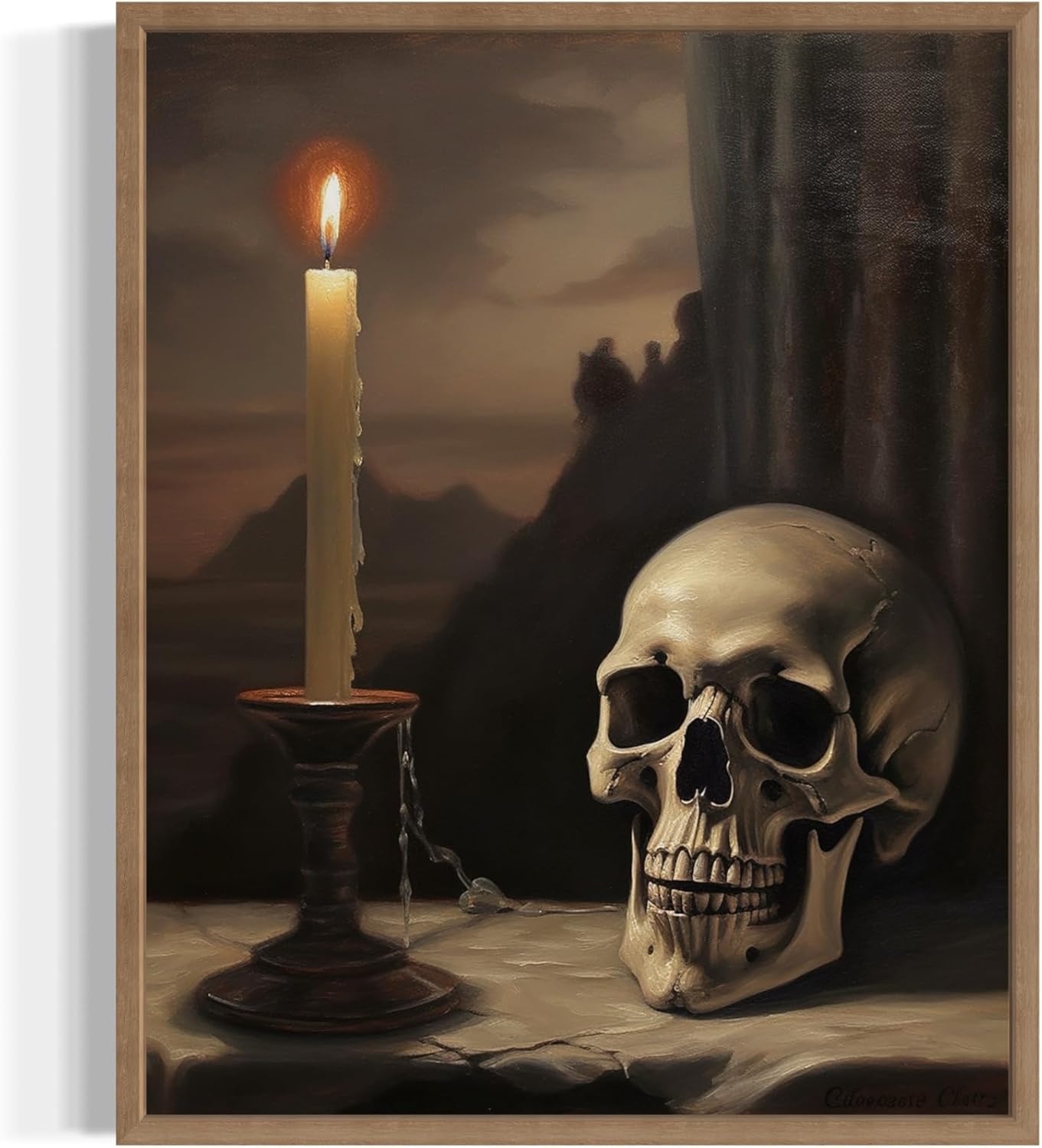 Skull and Candle Poster Art Print, Halloween Scary Vintage Wall Art Academia Spooky Painting Decoration for Horror Prints, Gothic Posters Bedroom Decor 89 (Skull and Candle, 11 x 14 inches, Wood Frame)