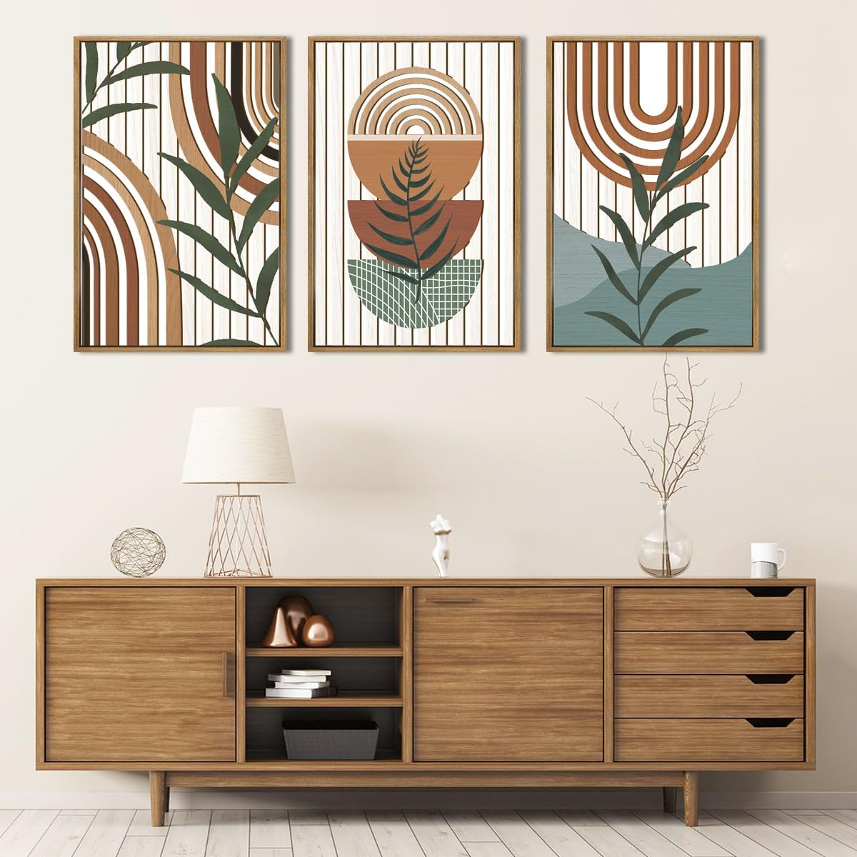 Large Boho Mid Century Wood Wall Art Set,Modern Geometric Leaves Artwork Bohemian Wall Sculptures,Abstract Minimalist Wooden Wall Decor for Living Room Bedroom Office-16 x24 x3