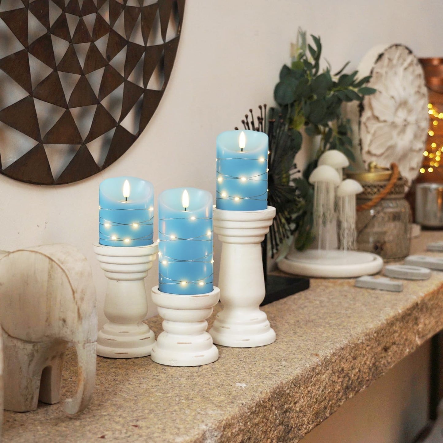 Homemory Flameless Candles with String Lights, 3 Pack Embedded Fairy String Lights LED Candles, Electric Flickering Candles with Remote Control and Timer, Real Wax, Blue