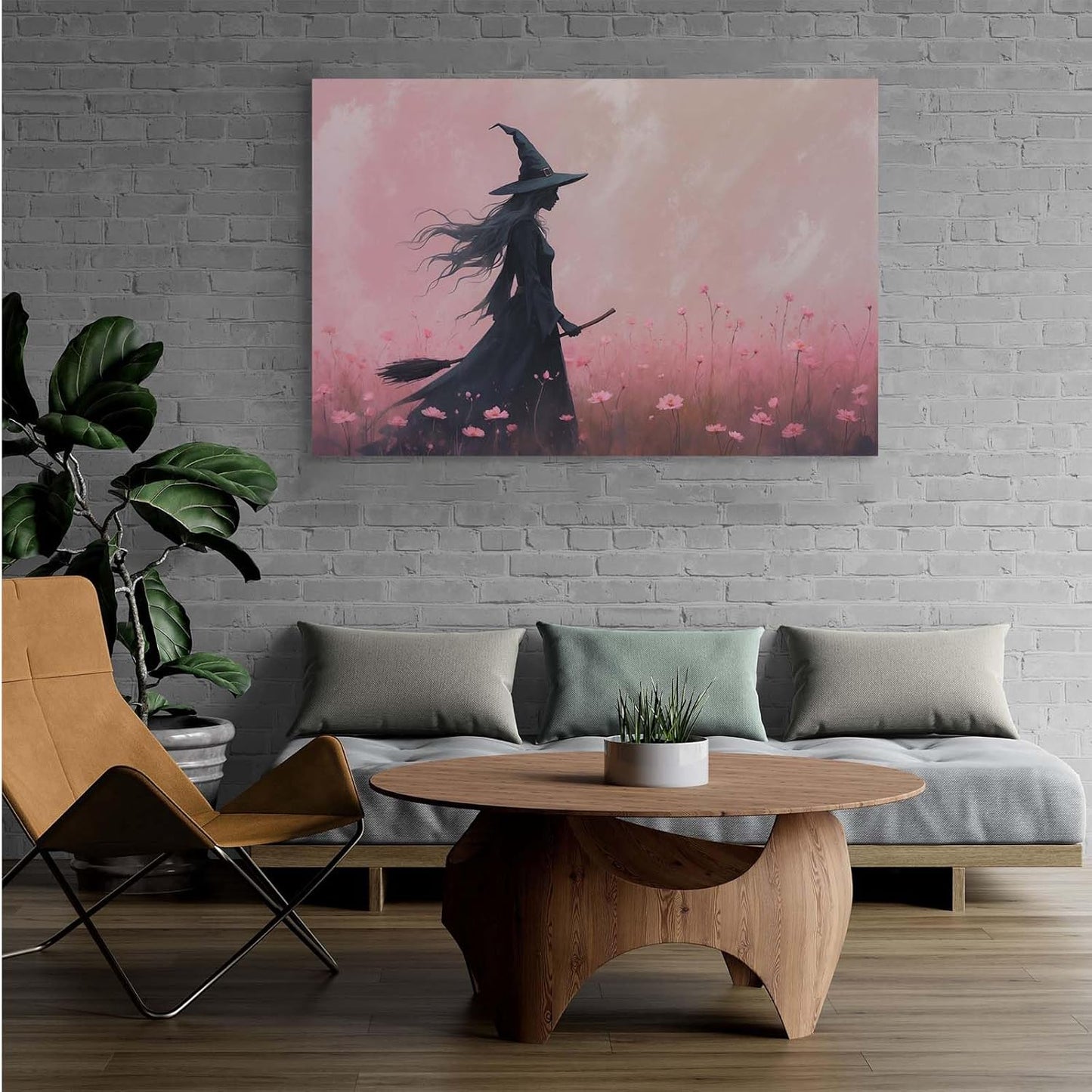 Witch in the pink sea of flowers Halloween prints weird flowers wall art silhouette painting fashionable romantic decoration suitable for bedroom20x30in Wood Framed