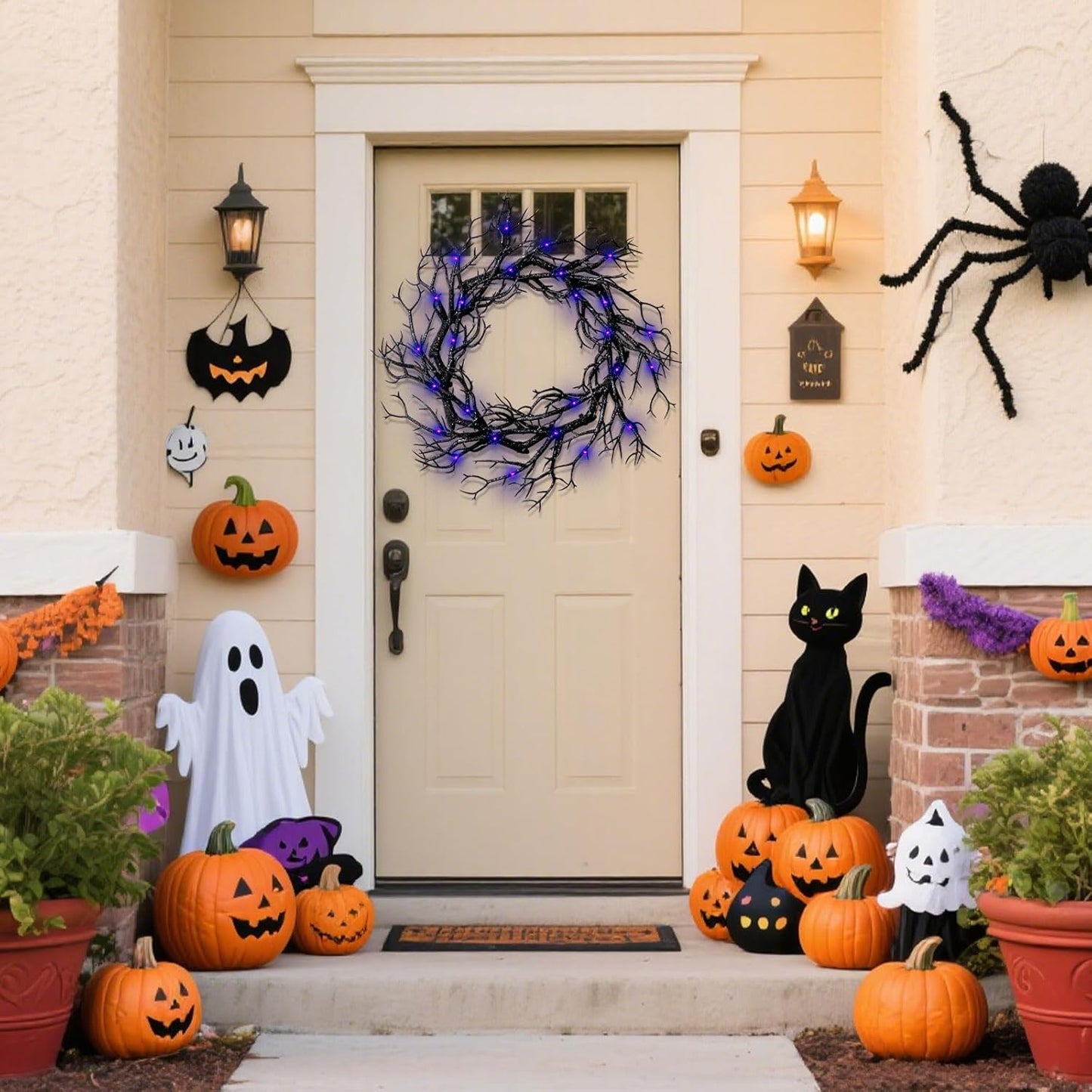 Halloween Black Branch Wreath, 20 Inch Glitter Black Twig Halloween Wreaths with Purple Lights for Front Door Indoor Outdoor Party Window Wall Decor Farmhouse Garland Yard