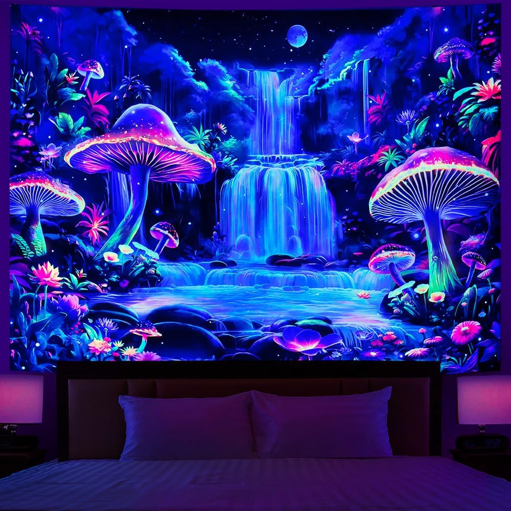 Dermijer Blacklight Tapestry Fantasy Mushroom Forest Tapestries UV Reactive Waterfall Tapestry Moon Night Neon Flower Landscape Wall Hanging for Home Decor L78.7×W59.1