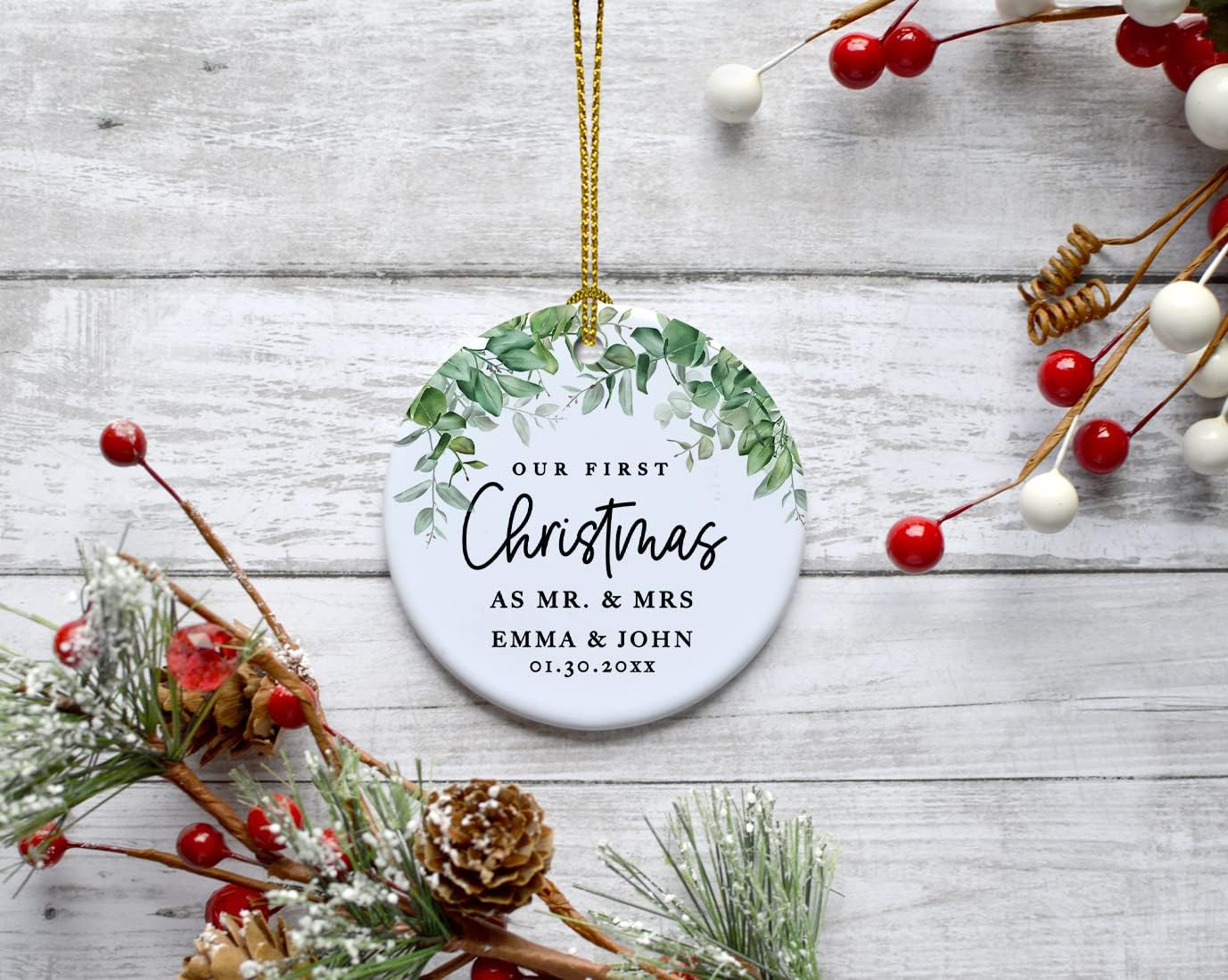 Andaz Press Personalized Our First Christmas As Mr. & Mrs. 2024 Christmas Ornaments Greenery 2.8" Round Porcelain Ceramic 1st Year Married Custom Ornament Keepsake for Newlyweds 1-Pack