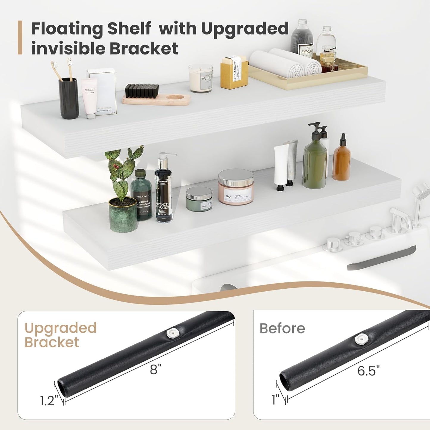 Heimlove 12 Inch Deep Floating Shelves, 48 x 12 inches Long Wall Shelf, Large Display Shelf & Storage Shelf, Rustic Wood Wall Shelves for Fireplace Mantel, Set of 2(White)