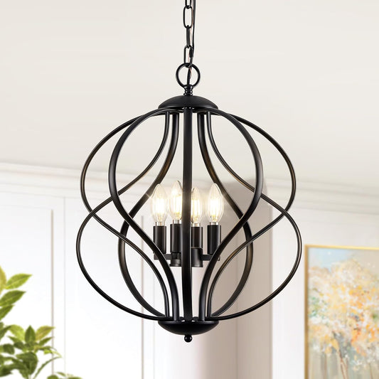 Modern Black Chandelier for Dining Room, 4 Lights Geometric Chandeliers, Sphere Chandelier Industrial Large Pendant Light Fixtures Hanging for Kitchen, Entryway, Foyer, Stairs