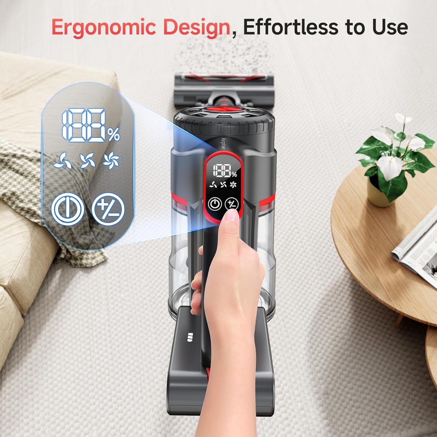 Cordless Vacuum Cleaner, 550W 45KPA Dual Motor Stick Vacuum for Home with 60mins Runtime, 6 LED Green Headlights, Self-Standing Design, V-Shaped Floor Brush for Carpet Tile Pet Hair Hardwood Floors