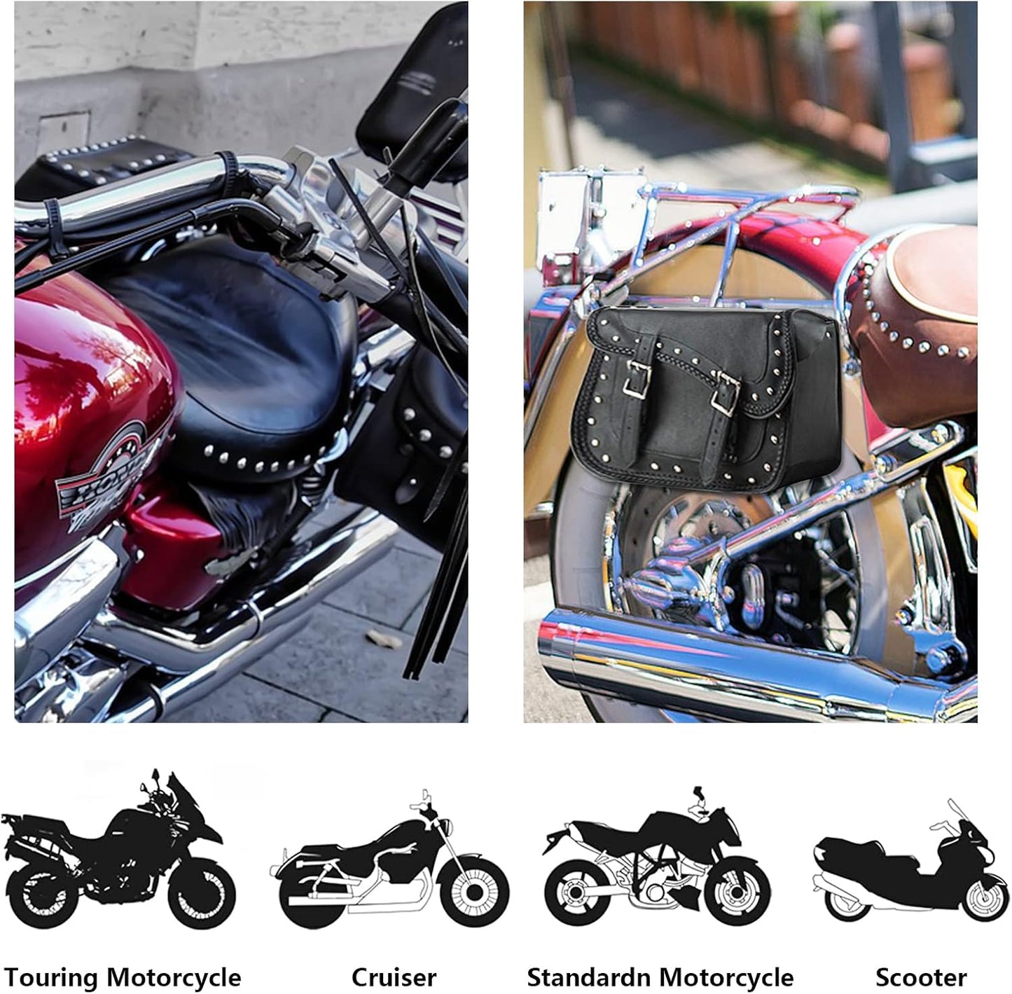 Synthetic Leather Motorcycle Luggage Bag - Waterproof Throw Over Saddlebags For Motorcycles - Softails, Sportsters, Choppers, Dyna, V-star, Shadow (With Studs, Black, 13'x13'x10')