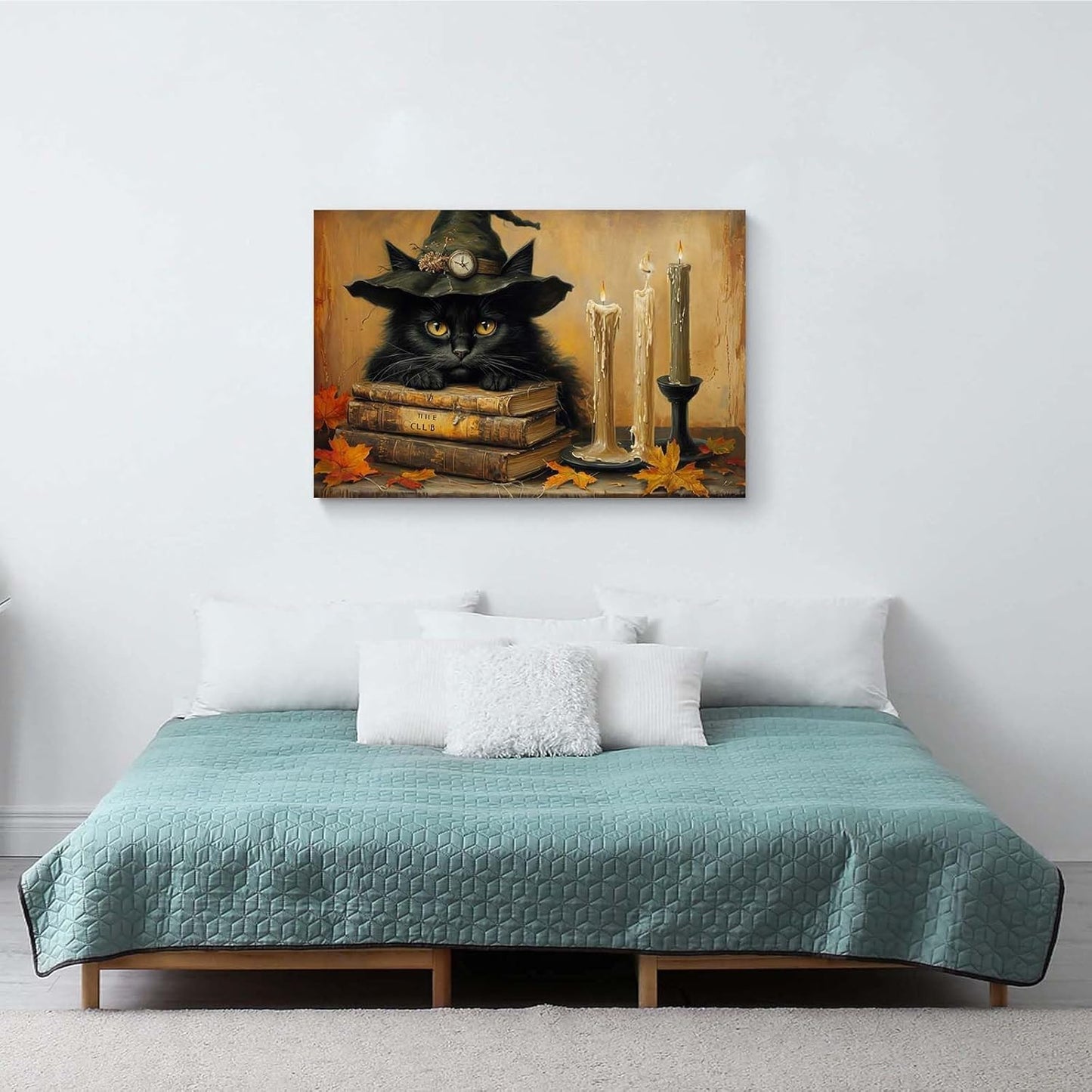 Vintage Halloween wall decoration black cat and magic book suitable for home bedroom living room decoration dark classic art witch wall decoration20x30in Wood Framed