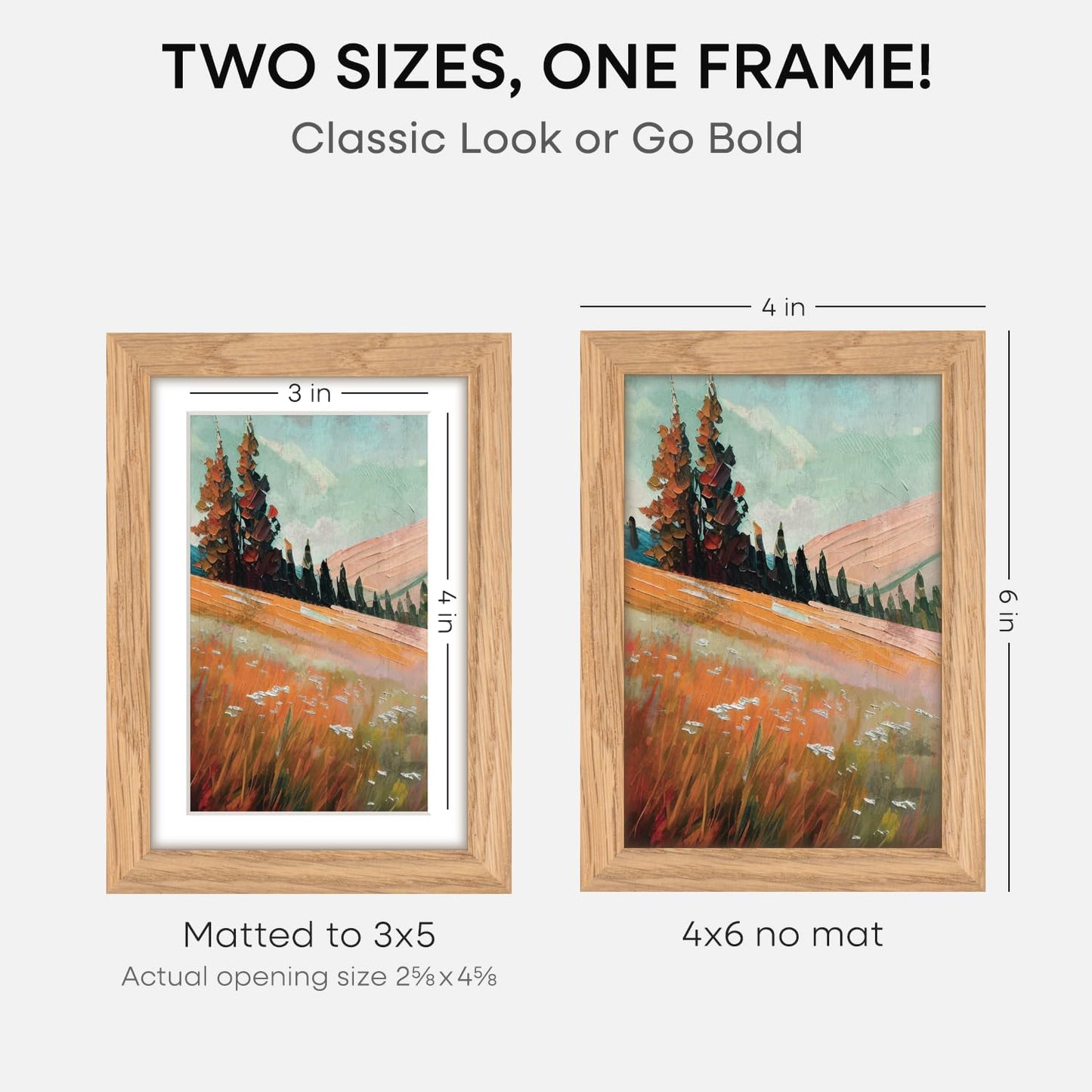 Homeforia 4x6 Picture Frame Wood, High End Natural Oak 4x6 Light Wooden Frames with Mat 3x5 for Photo, 4 x 6 Frame Matted to 3 x 5 Print, 6x4 Wall or Tabletop Frame, Tempered Glass, Wall Kit, Set of 1
