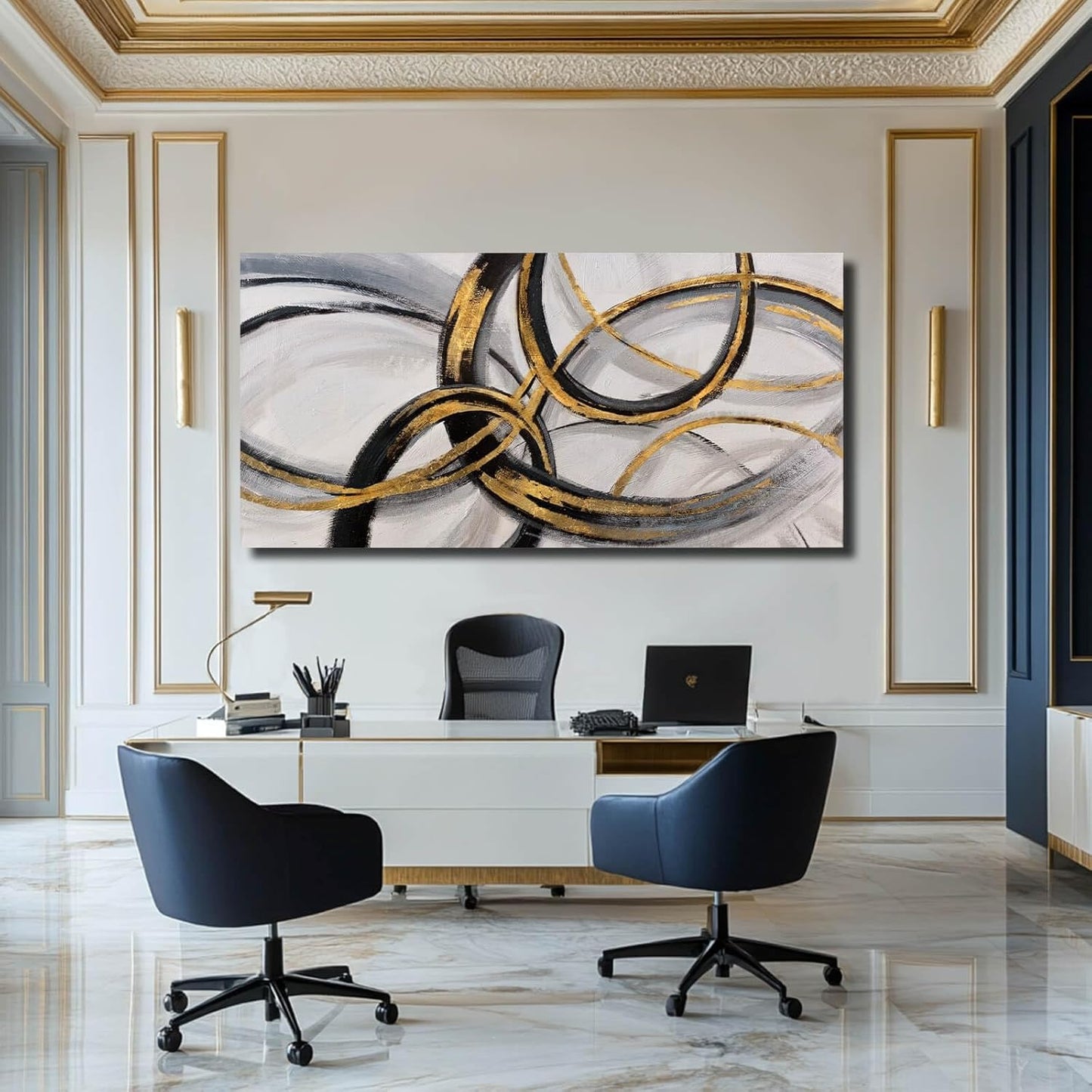 SOUGUAN Living Room Decor for Wall Abstract Wall Art 30x60in Black and Gold Wall Art Round Ring Wall Decoration for Bedroom Dining Room Home Office Ready to Hang
