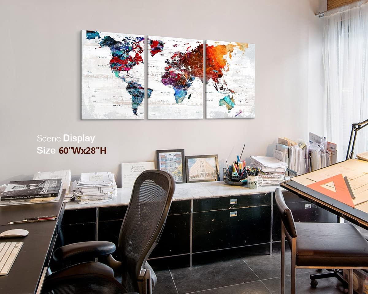 World Map Wall Art Living Room Wall Decor Office Pictures for Wall Decorations Large Abstract Art 60" W x 28" H Framed Paintings for Dining Room