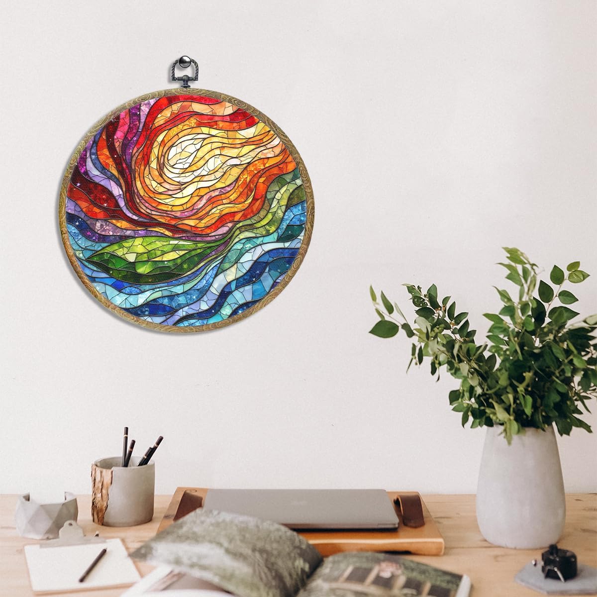 Colorful Boho Rainbow Geometric Spiral Sun Art Gift Framed Round Wall Decor Canvas Wall Art Hanging Prints Artwork for Home Office Bathroom Bedroom Living Room Decorations 10.2X10.2 Inch