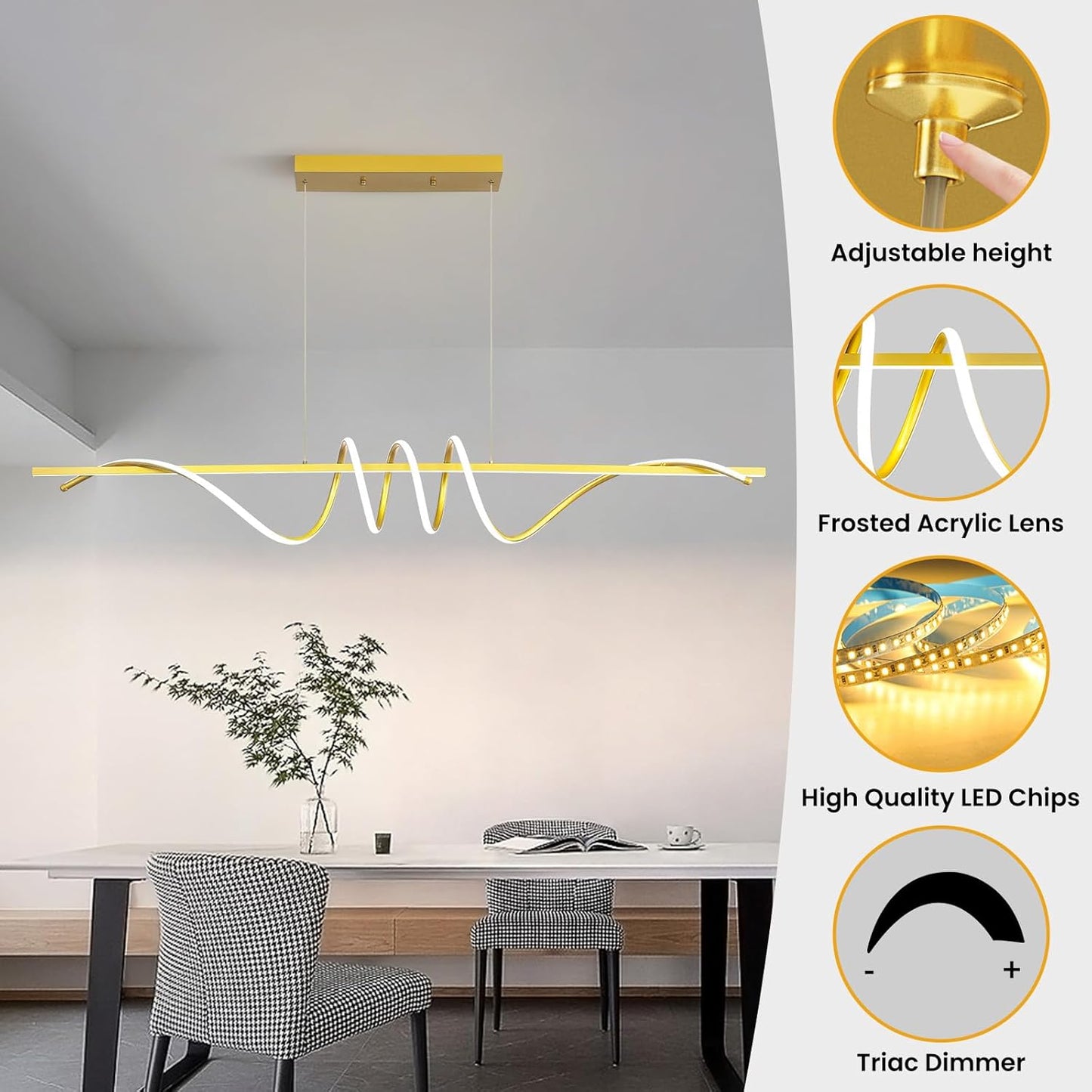 Modern Design Dimmable Desk Linear Pendant Light, with Remote Control Dimmable 3 Color Mode & Brightness Ceiling Lamp, Anti-Flicker Dining Light Fixture for Kitchen, Dining Room (Gold, 57IN)