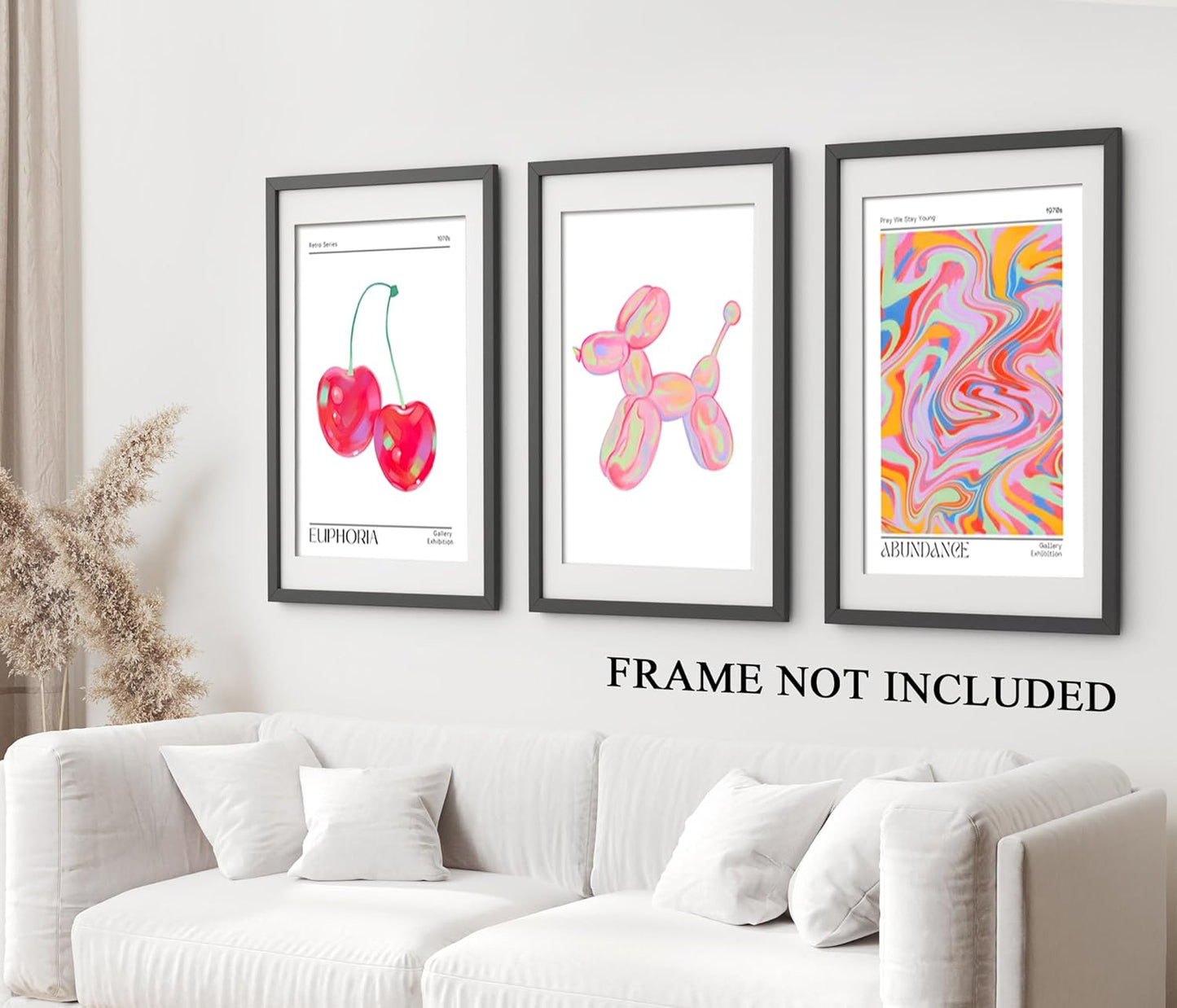 Pink Preppy Wall Art Posters Set of 3 Trendy Cute Balloon Dog Cherry Canvas Prints Modern Colorful Abstract Aura Painting Retro Pop Decor Positive Picture for Living Room Bedroom 12x16in Unframed
