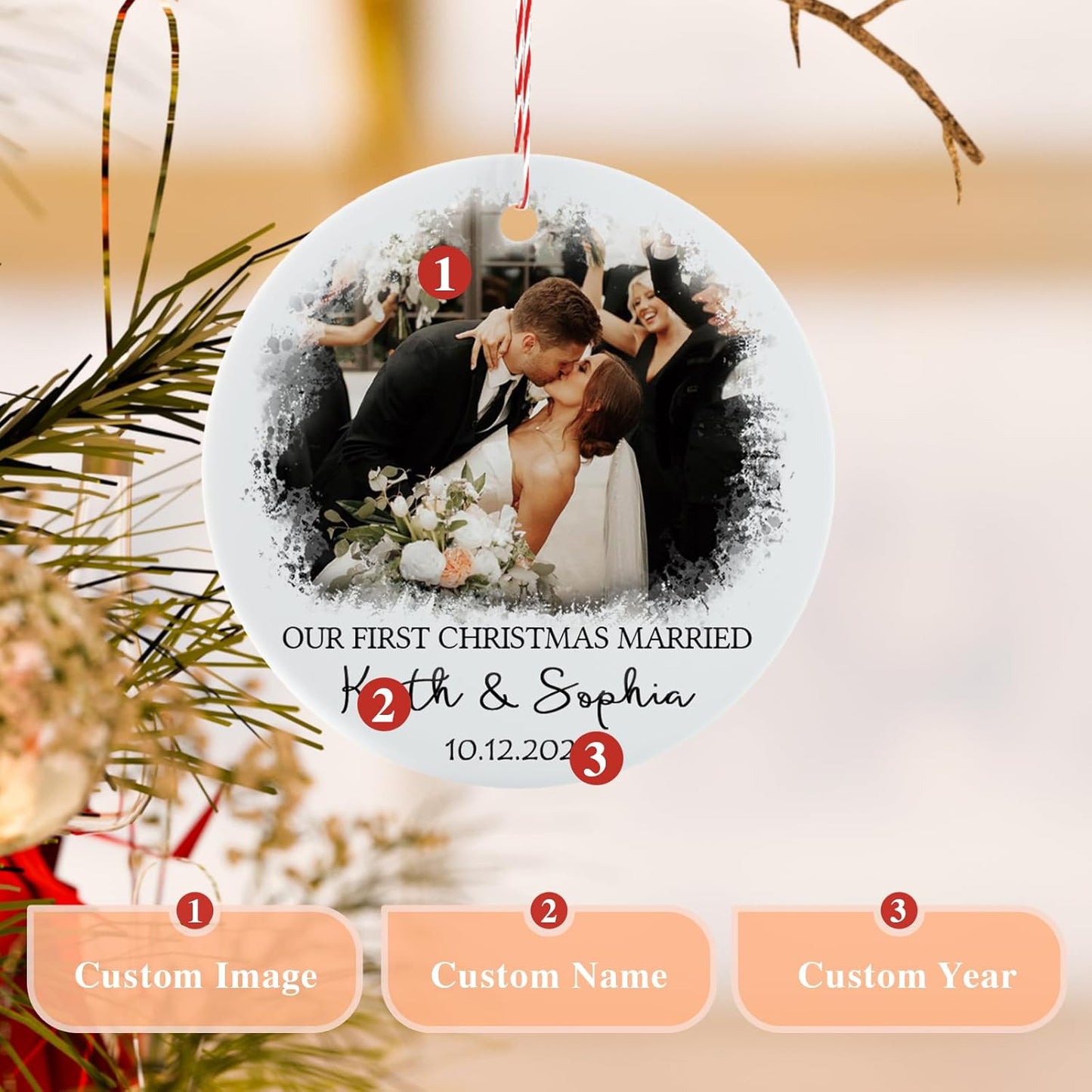 Bemaystar Personalized First Christmas Married Ornament 2025 - Personalized Photo Ornaments with Text Date, Custom 1st Christmas Married Ornament, Customized Xmas Gifts for Newlywed, Couples