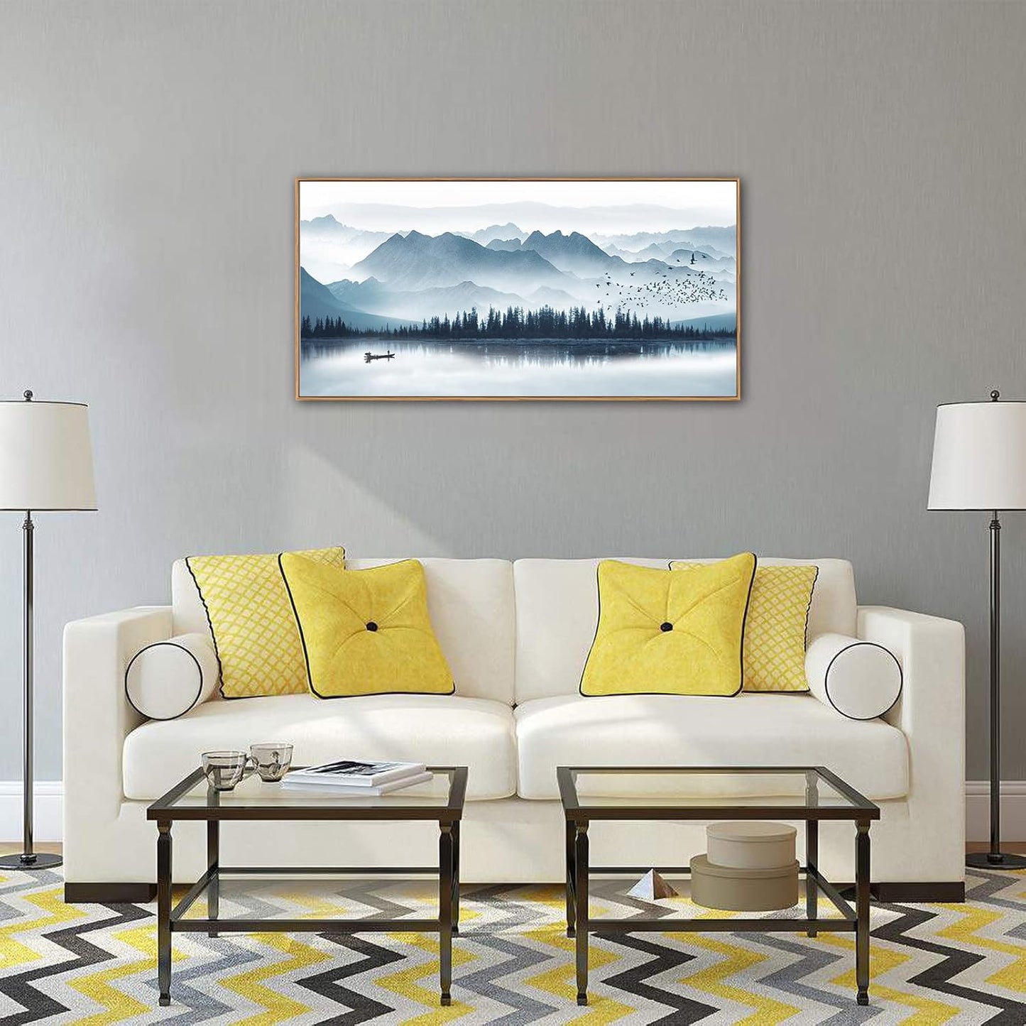 Indigo Framed Canvas Wall Art Misty Mountain Wall Pictures Foggy Lake Boat Canvas Painting Prints Forest Birds Canvas Wall Decor for Living Room Bedroom Decorations Framed 20" x 40" Natural