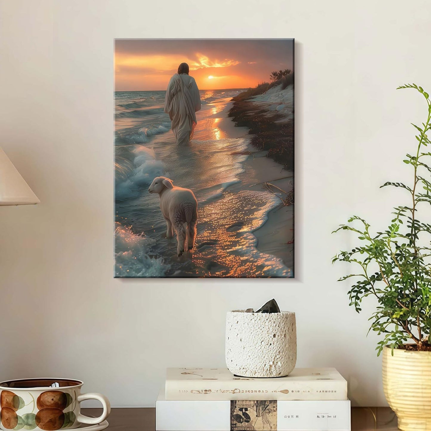 Framed Canvas Jesus and the Lamb Walking on the Beach Wall Decor Wall Art Gallery Decor Unique Print Wall Decor for Living Room Bedroom Church Home Decor 12x16 Inch Ready to Hang