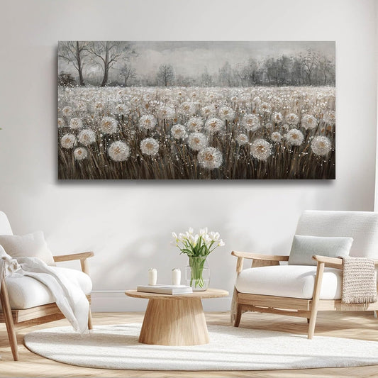 White Flowers Wall Art for Living Room Framed Wall Decor Dandelion Wall Art Artwork Canvas Paintings for Home Office 29"x58”