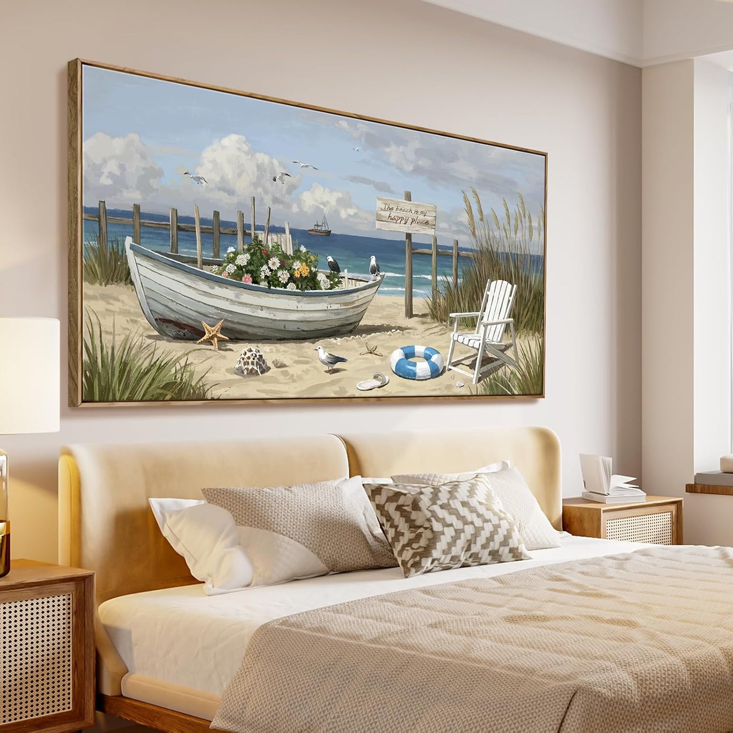 amatop Giant Framed Beach Wall Art Large Nautical Seaside Canvas Print Flower Boat Ocean Horizontal Landscape Picture Sea Birds Artwork for Coastal Farmhouse Living Room Bedroom Office Decor 58×29 Inch