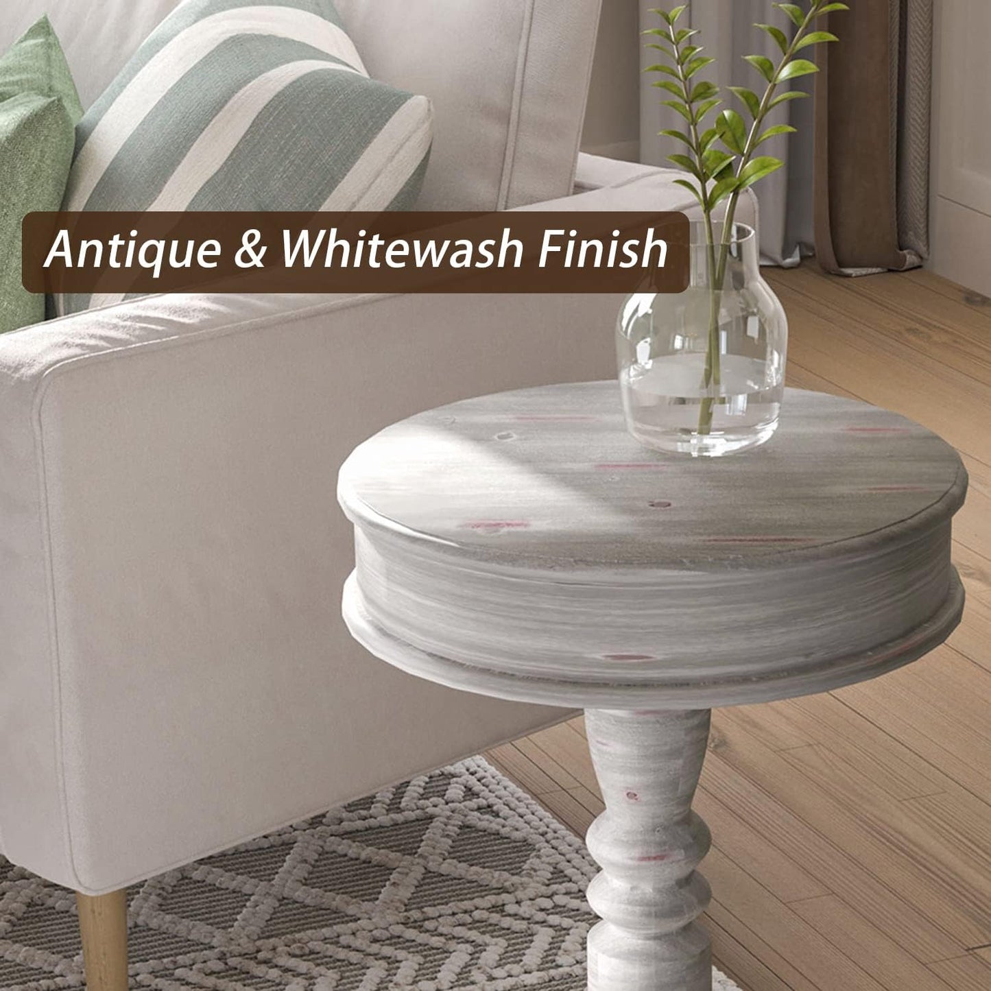 COSIEST Set of 2 Rustic Accent Side Table, Farmhouse Wood Pedestal Table Round End Table for Living Room, Bedroom, Distressed Whitewash Finish, Grey Color