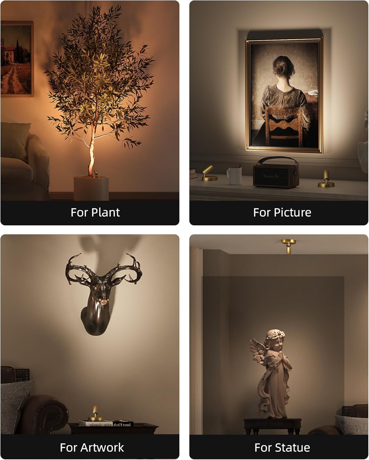 EZVALO LED Spotlight Indoor, 5500mAh Rechargeable Battery Uplighting Indoor, Wireless Mini Art Accent Spot Lights with Remote, for Plants Display Painting Dartboard Artwork Portrait Closet(4Pack-Gold)